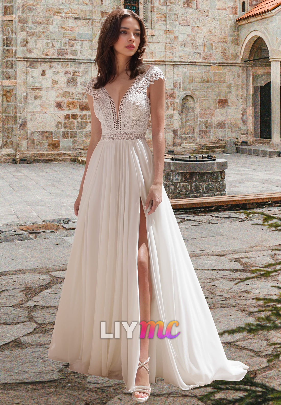 V-Neck Cap Sleeves Appliques Pleated Chiffon A-Line Boho Wedding Dress