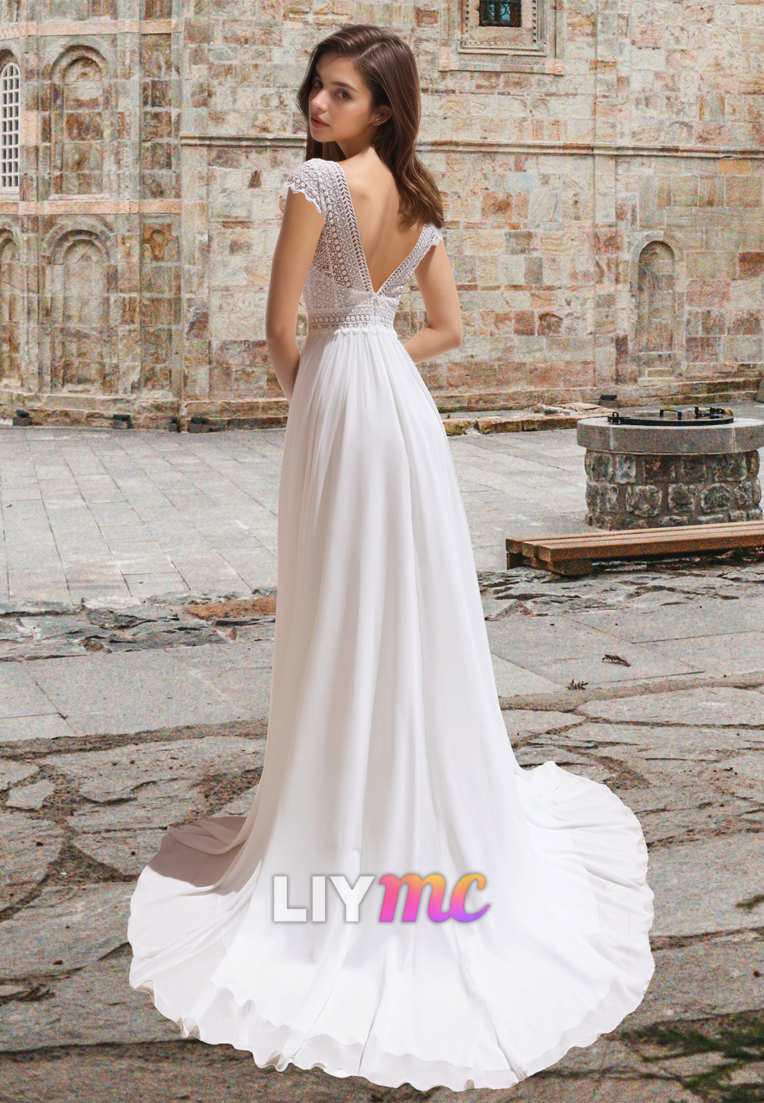 V-Neck Cap Sleeves Appliques Pleated Chiffon A-Line Boho Wedding Dress