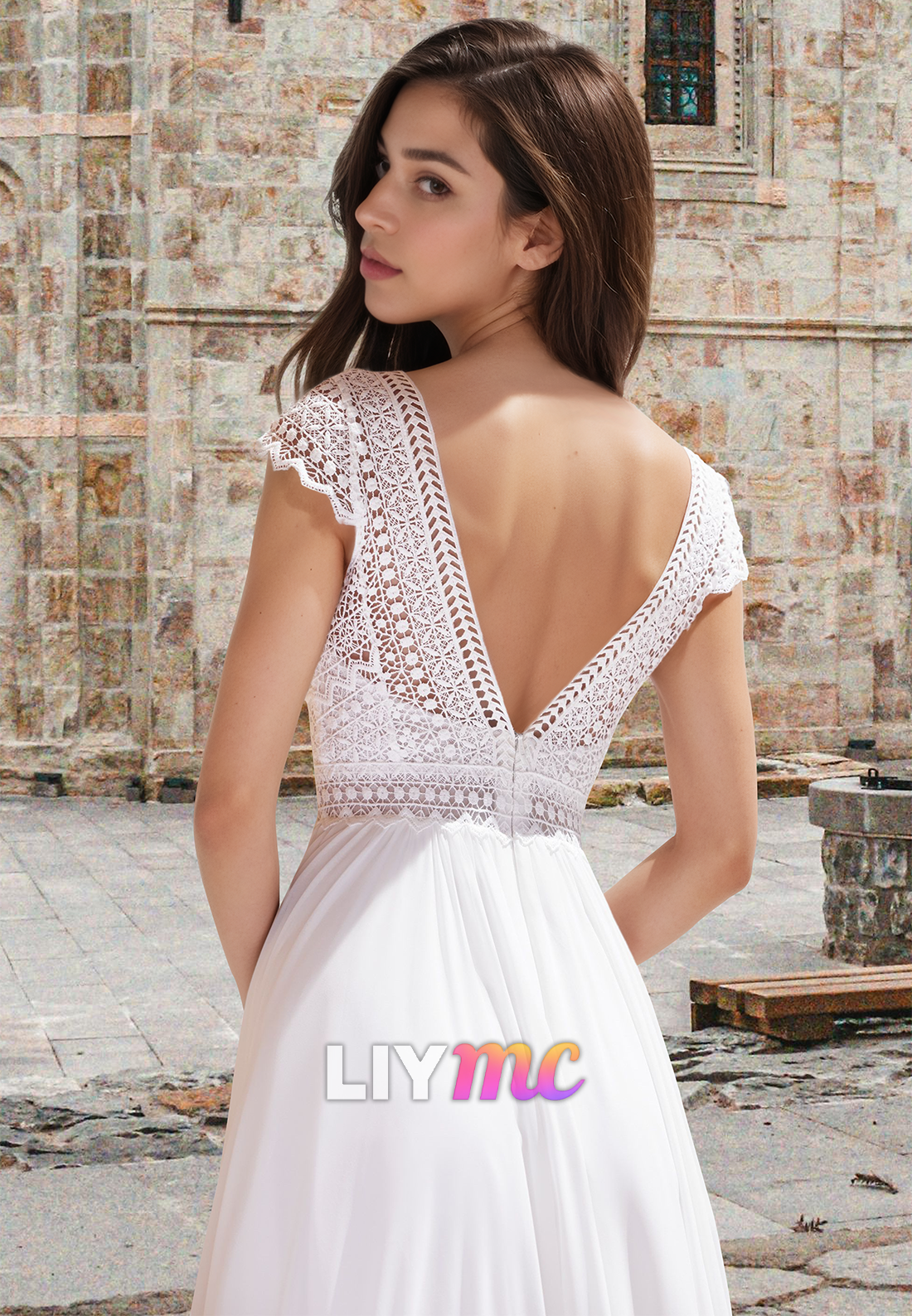 V-Neck Cap Sleeves Appliques Pleated Chiffon A-Line Boho Wedding Dress