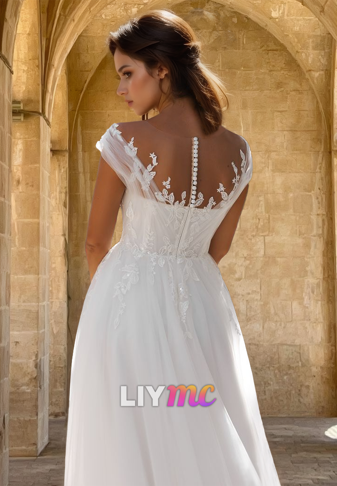 V-Neck Cap Sleeves Appliquess Tulle A-Line Wedding Dress