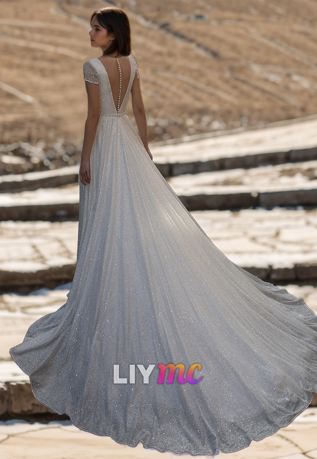 V-Neck Cap Sleeves Beaded Tulle A-Line Sparkly Wedding Dress