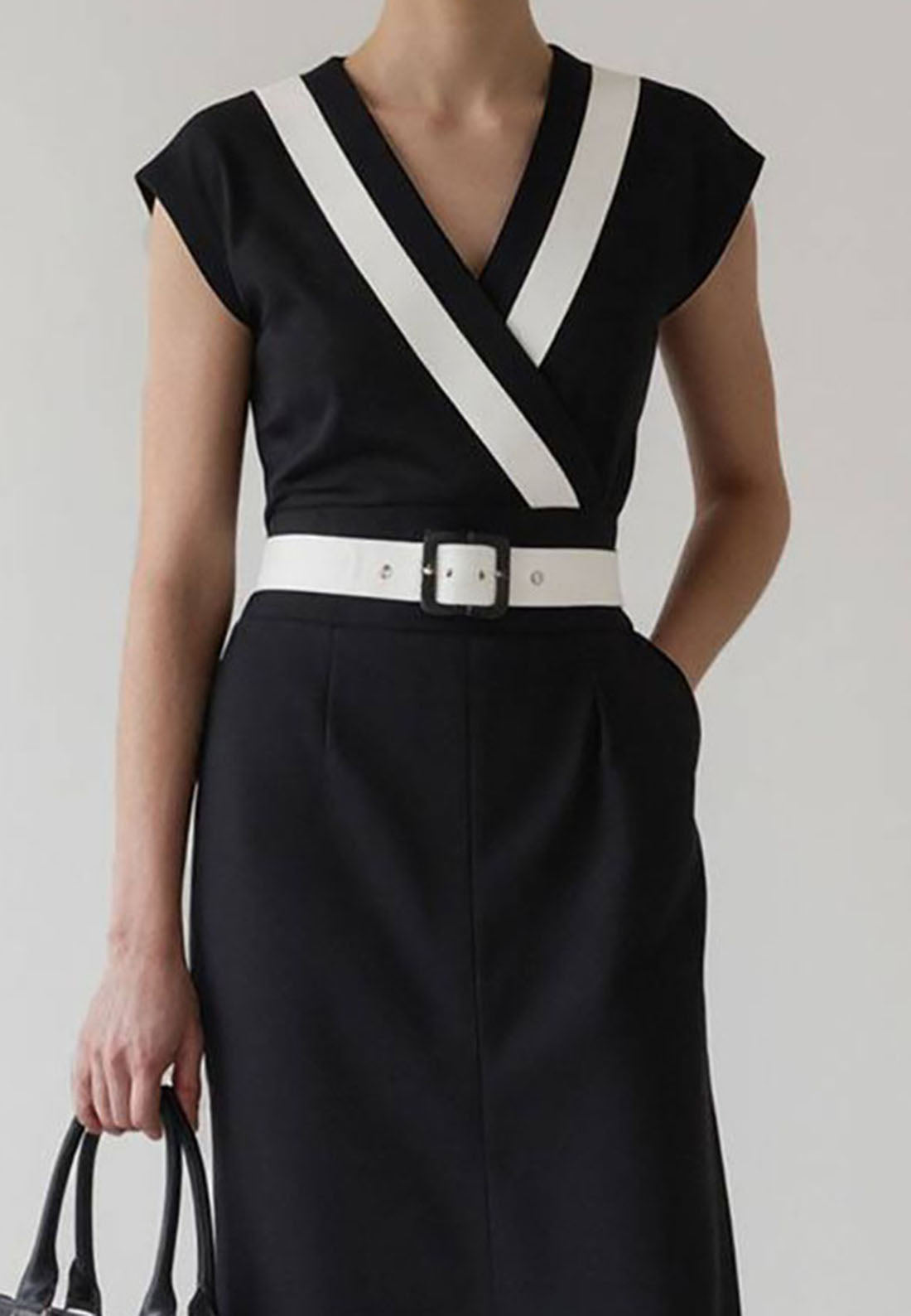 V-Neck Cap Sleeves Belted Work Bussiness Midi Dress