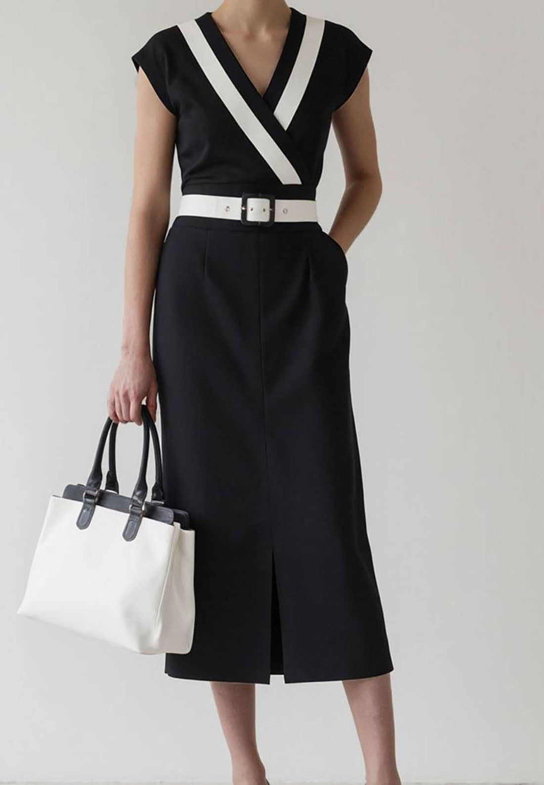 V-Neck Cap Sleeves Belted Work Bussiness Midi Dress