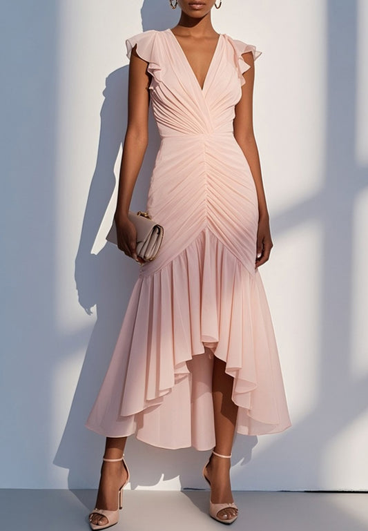 V-Neck Cap Sleeves Chiffon Pleated Sheath Work Dress