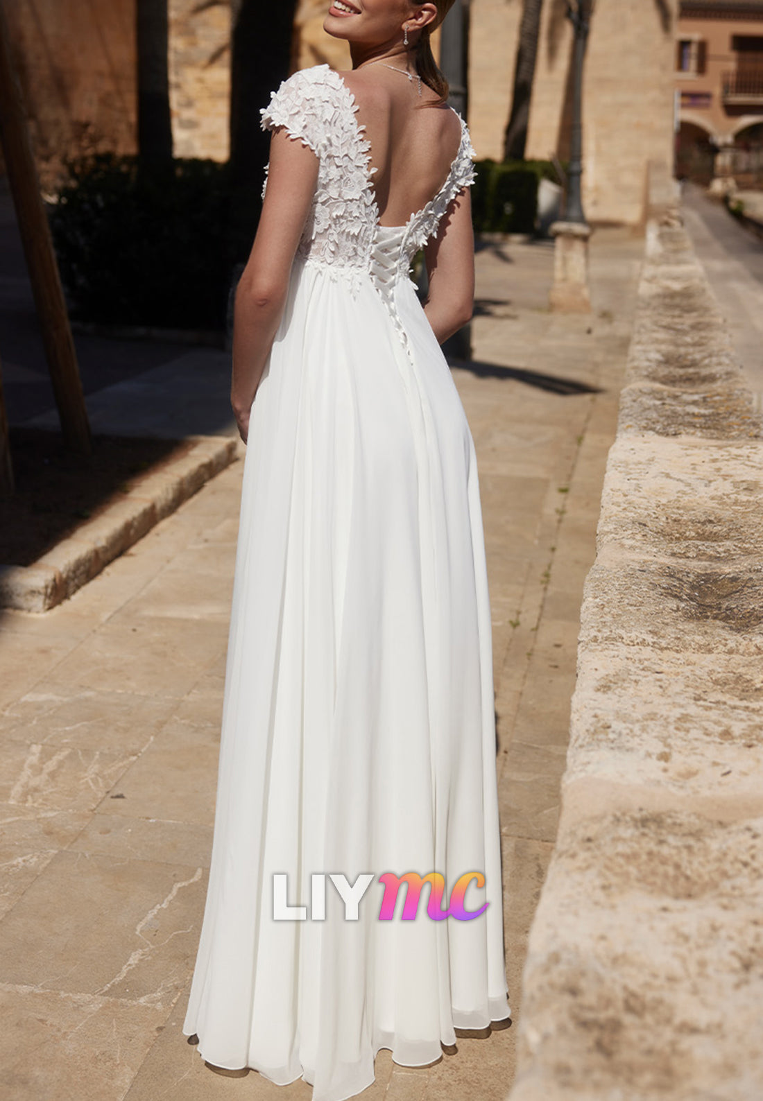 V-Neck Cap Sleeves Empire Waist Appliques A-Line Wedding Dress