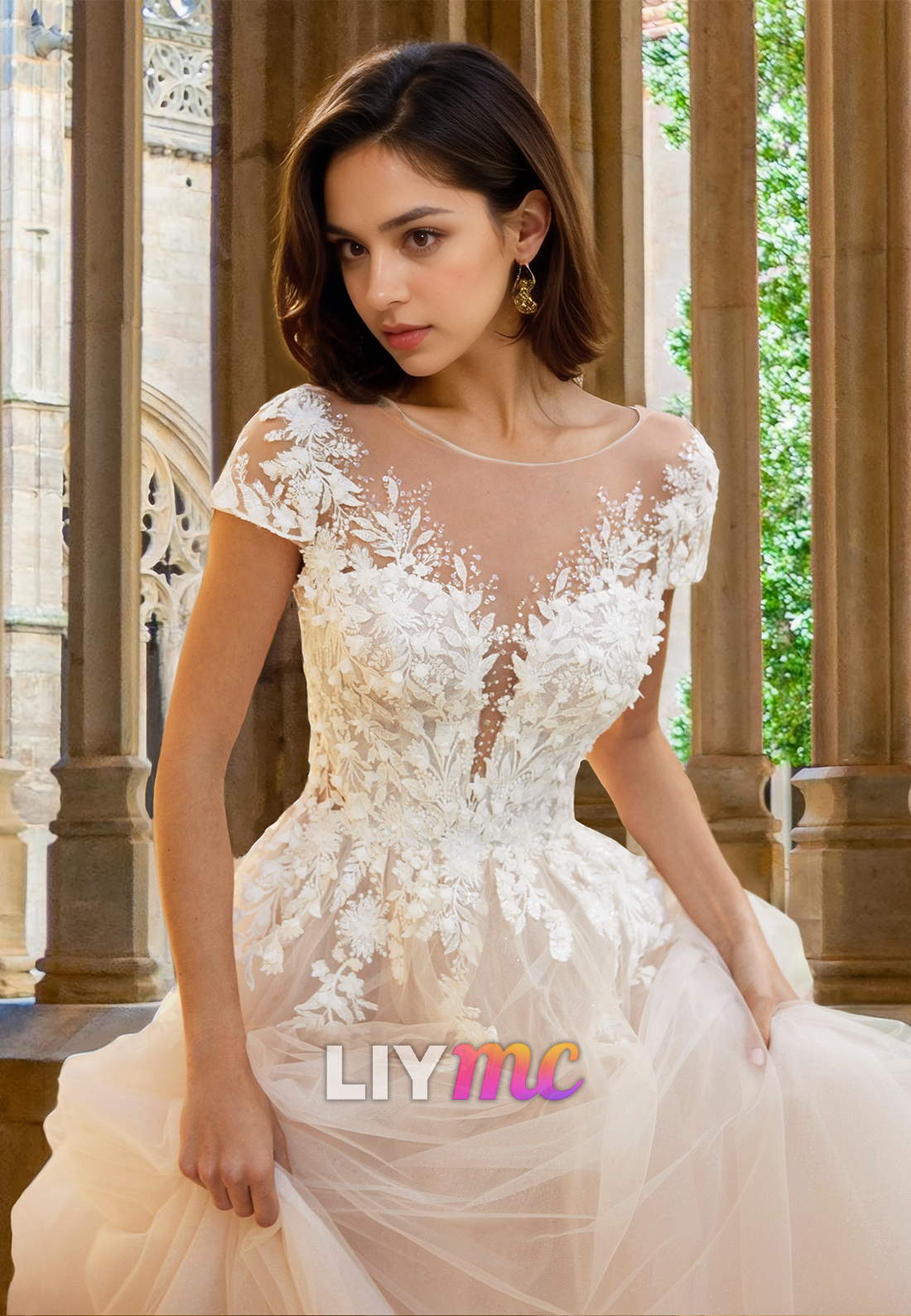 V-Neck Cap Sleeves Floral Appliques Tulle A-Line Beach Wedding Dress