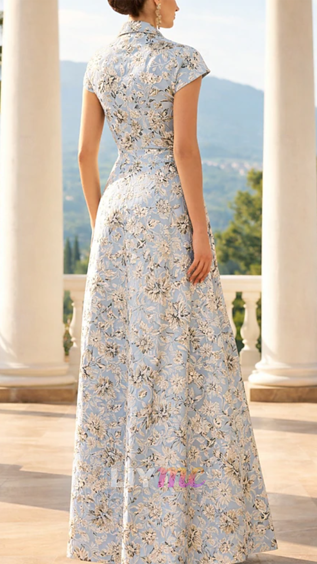 V-Neck Cap Sleeves Floral Printed A-Line Mother of Bride Dress