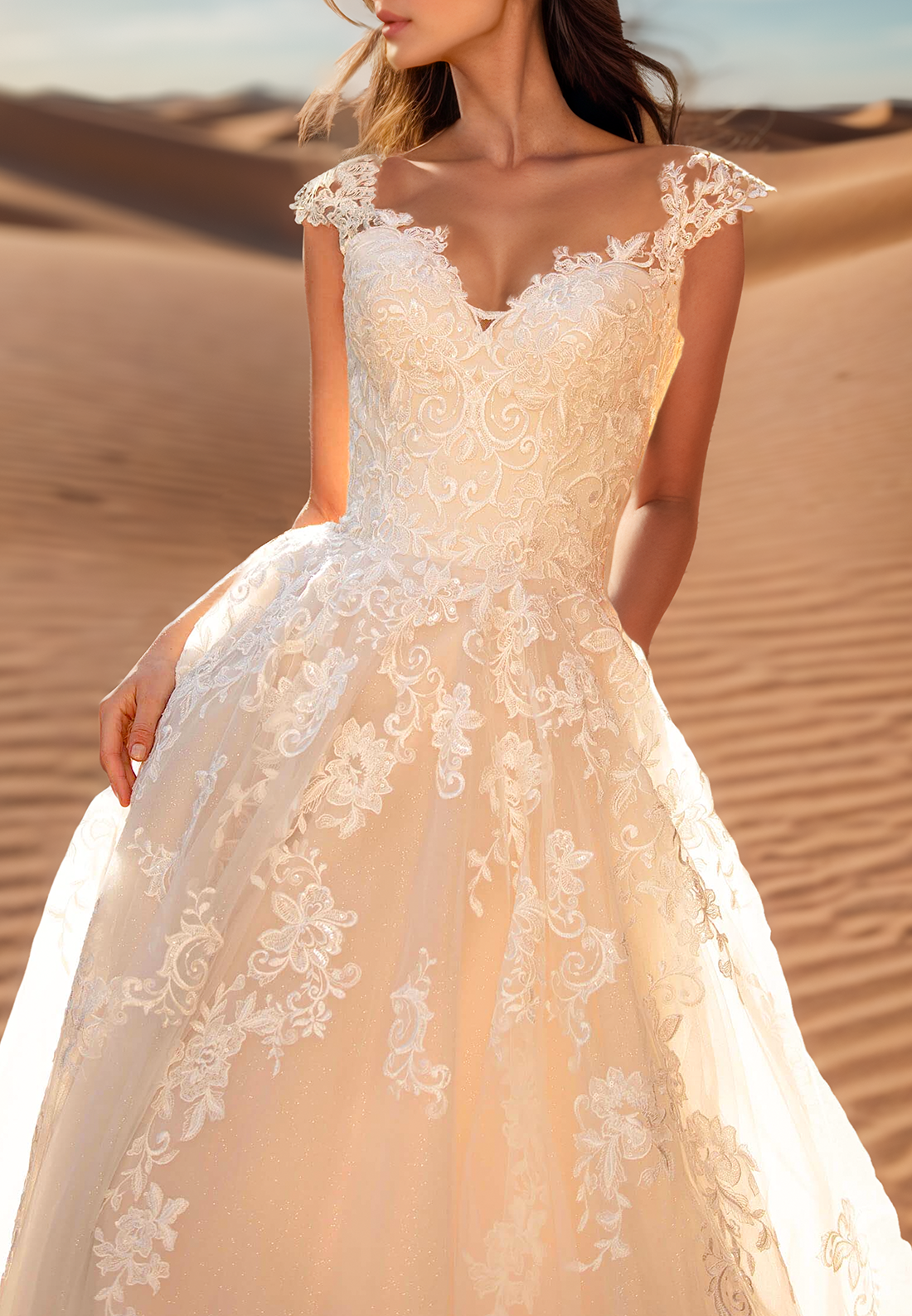 V-Neck Cap Sleeves Lace Appliques A-Line Ball Gown Wedding Dress