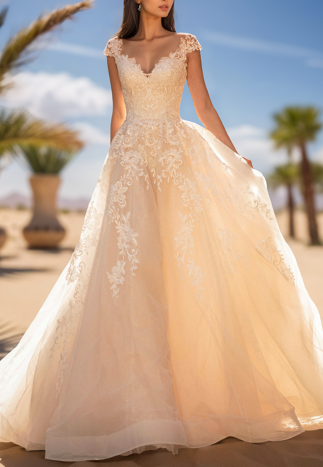 V-Neck Cap Sleeves Lace Appliques A-Line Ball Gown Wedding Dress