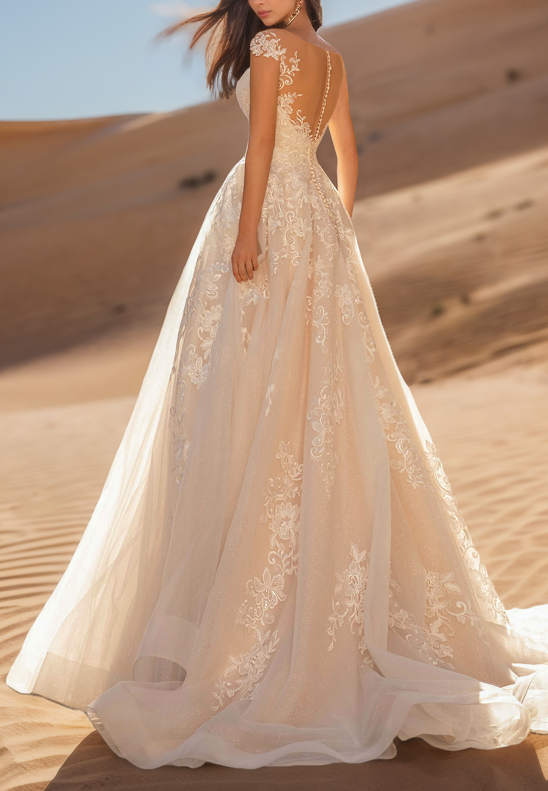 V-Neck Cap Sleeves Lace Appliques A-Line Ball Gown Wedding Dress