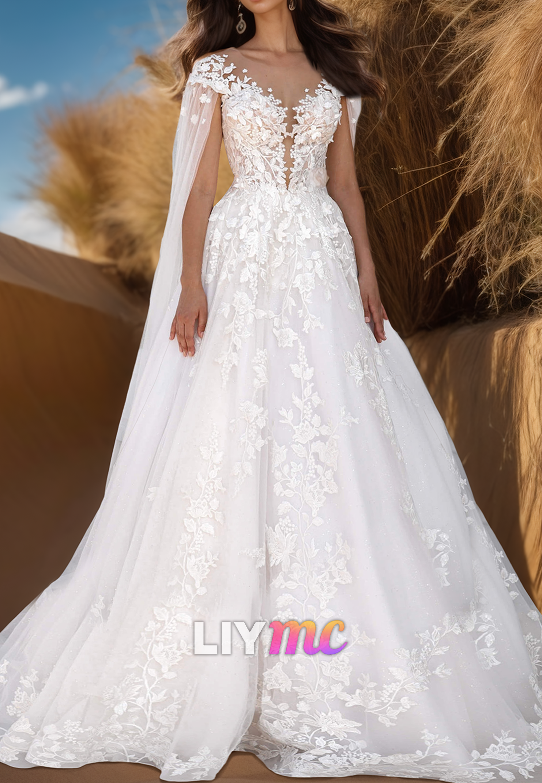 V-Neck Cap Sleeves Lace Appliques Ball Gown Wedding Dress