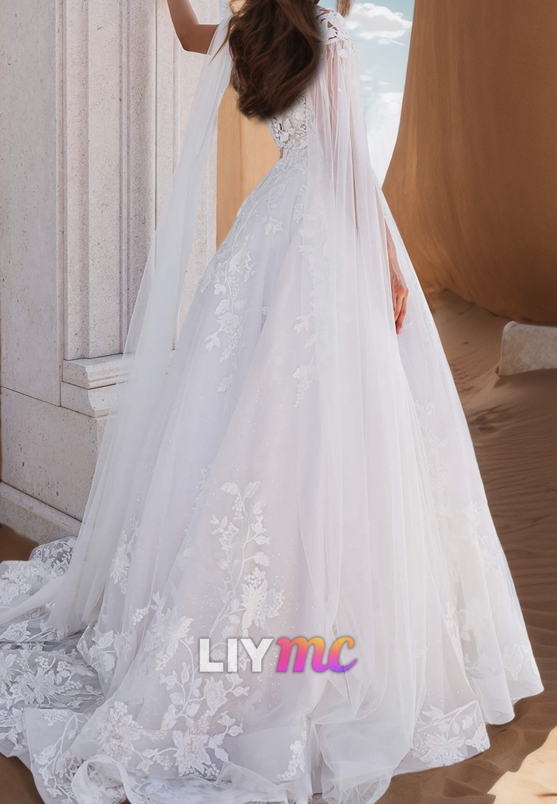 V-Neck Cap Sleeves Lace Appliques Ball Gown Wedding Dress