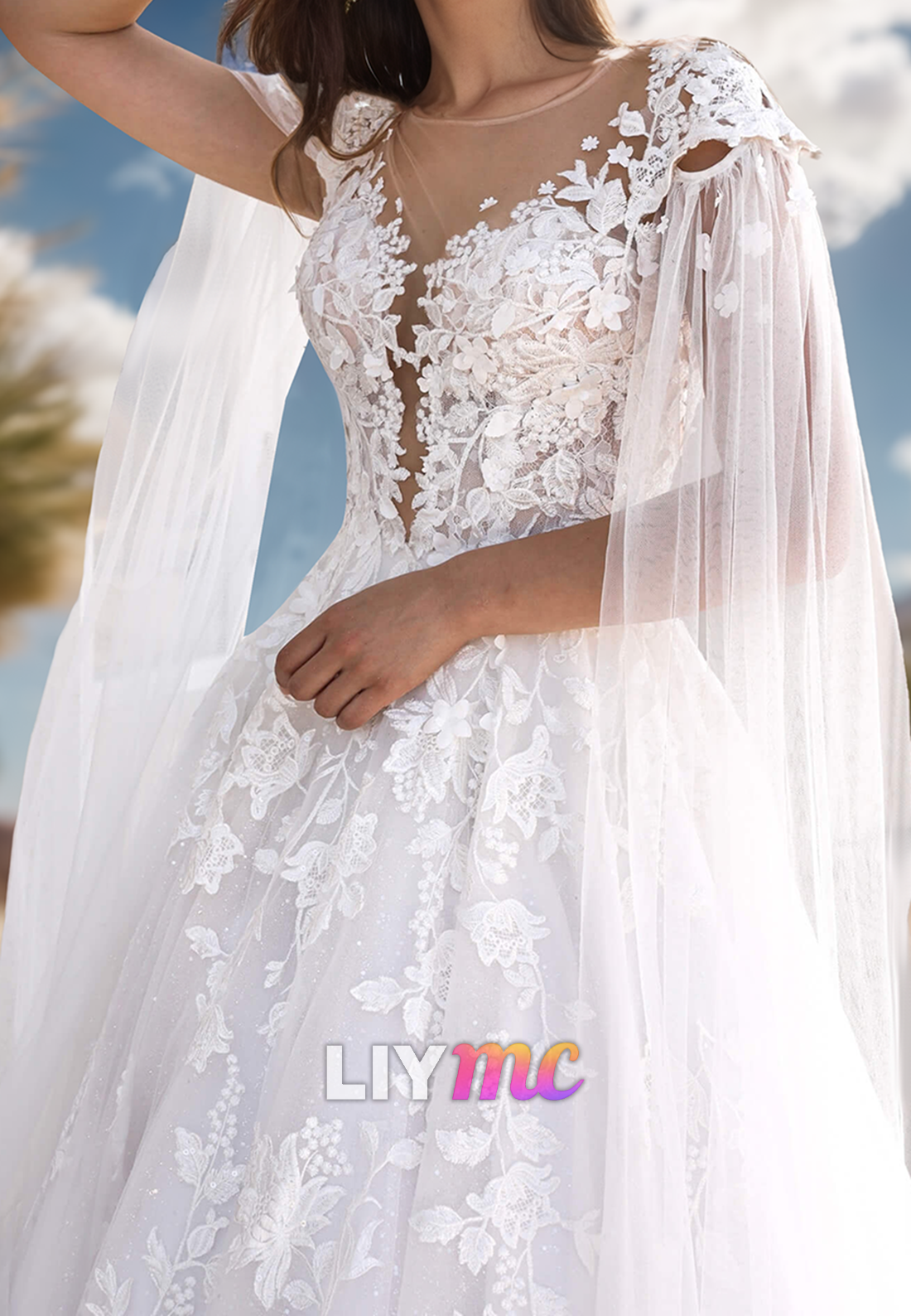 V-Neck Cap Sleeves Lace Appliques Ball Gown Wedding Dress