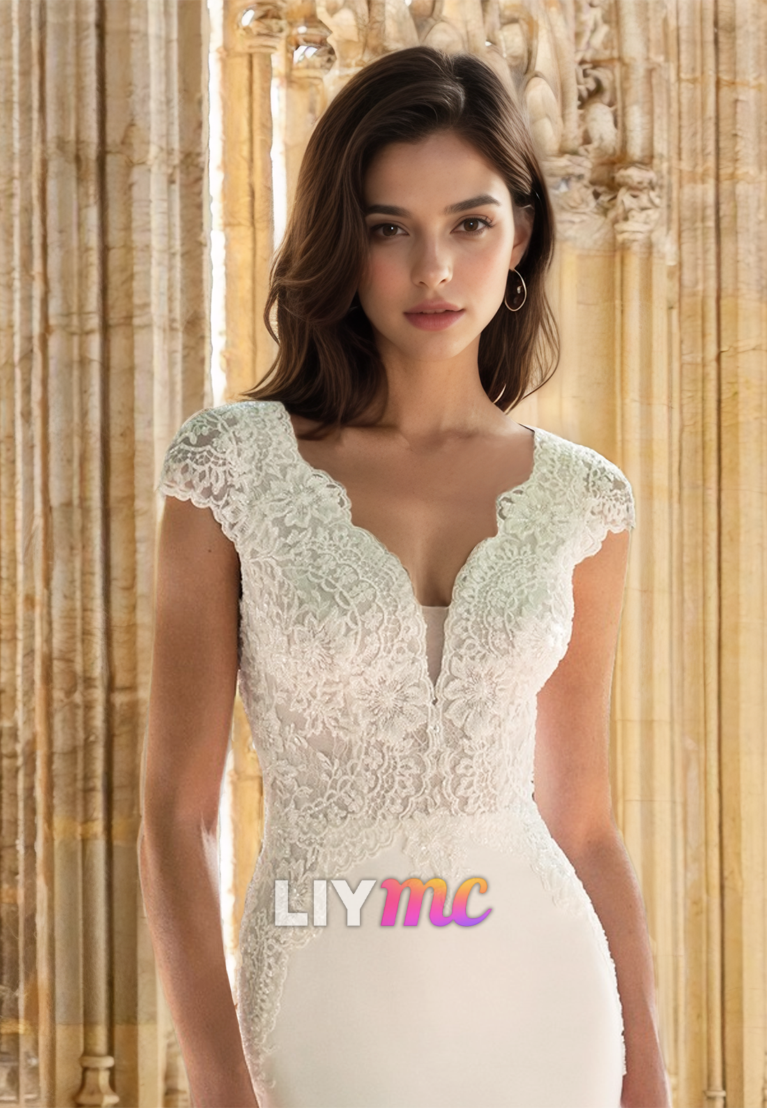 V-Neck Cap Sleeves Lace Appliques Sleek Mermaid Wedding Dress