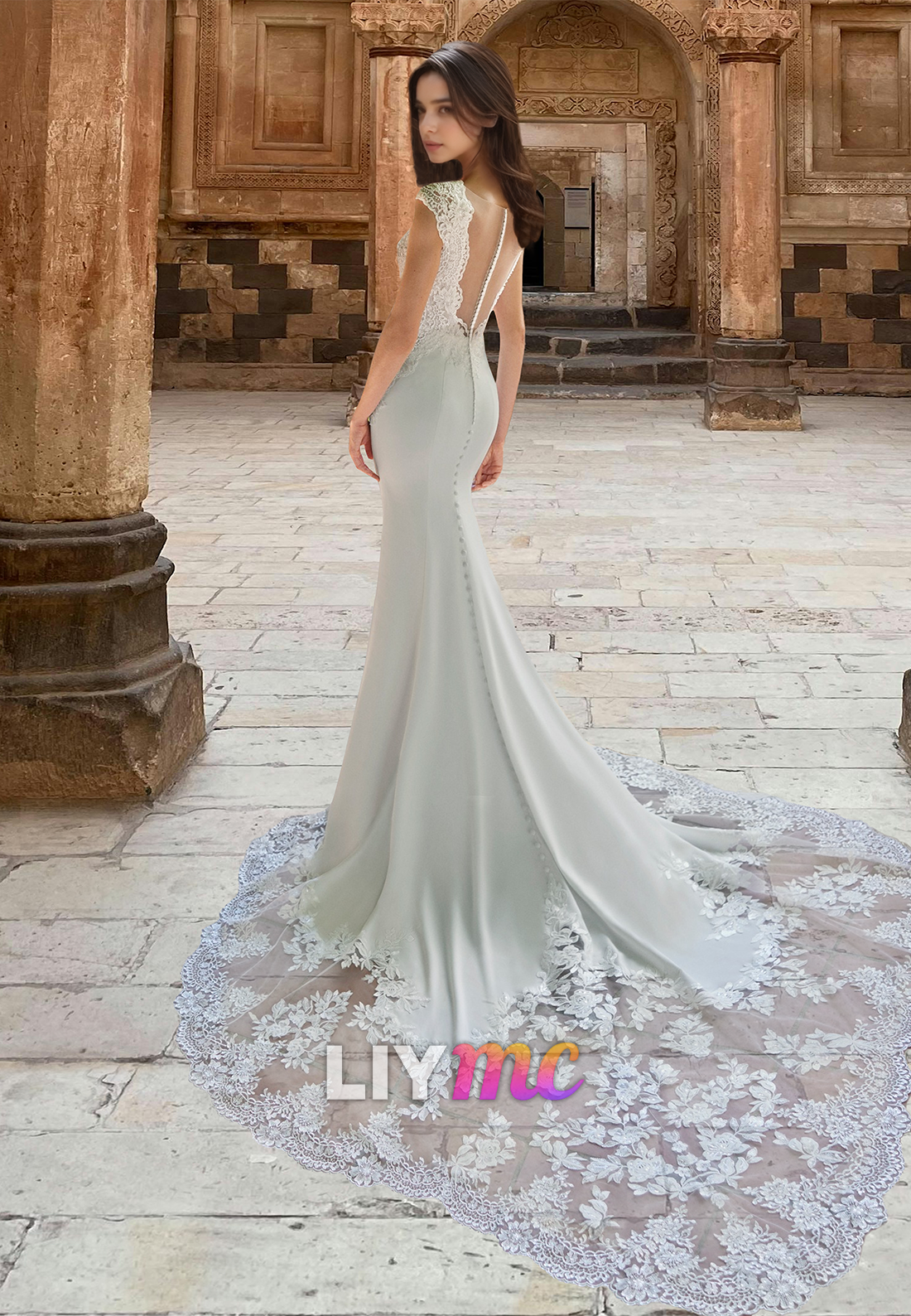 V-Neck Cap Sleeves Lace Appliques Sleek Mermaid Wedding Dress