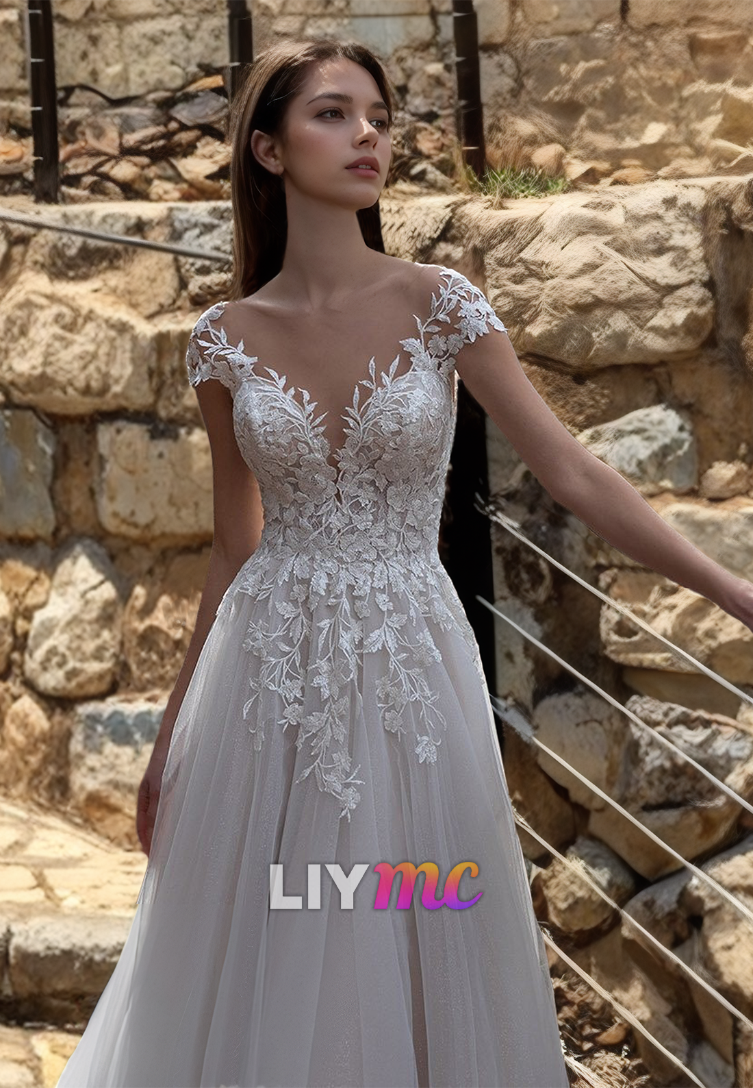 V-Neck Cap Sleeves Lace Appliques Tulle Ball Gown Weddding Dress