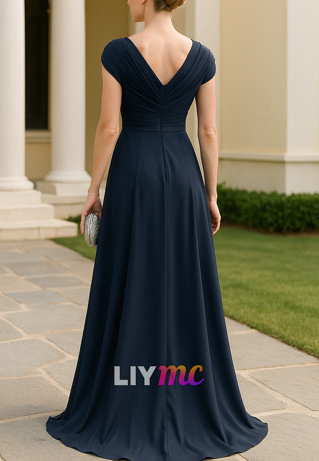 V-Neck Cap Sleeves Pleated A-Line Mother of Bride Dress
