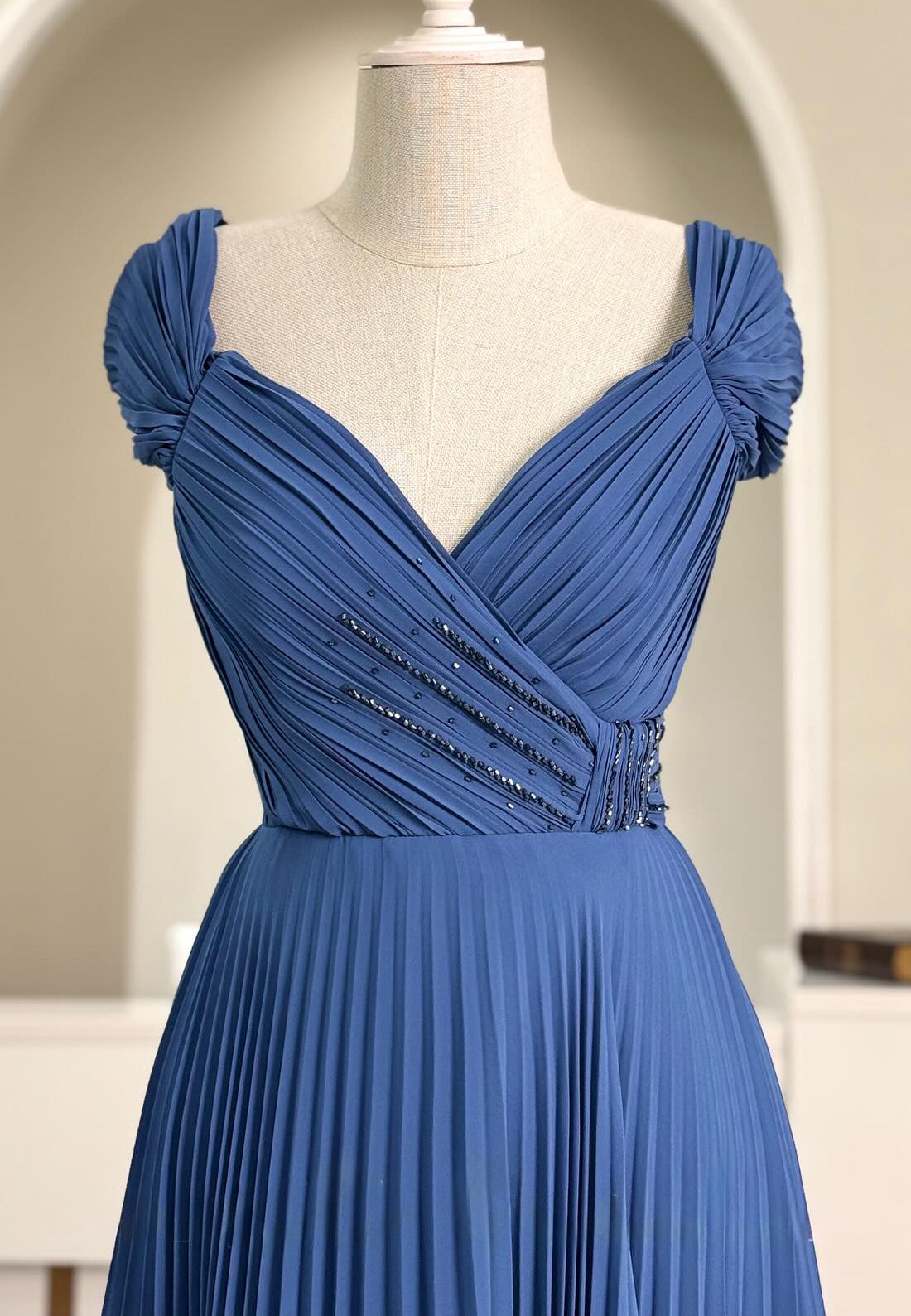 V-Neck Cap Sleeves Pleated Beaded A-Line Formal Dress