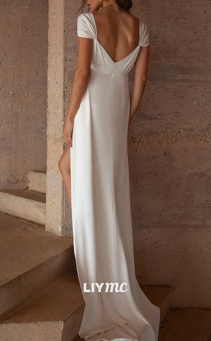 LW830 - V-Neck Cap Sleeves Pleated High Slit Sleek Satin Beach Wedding Dress