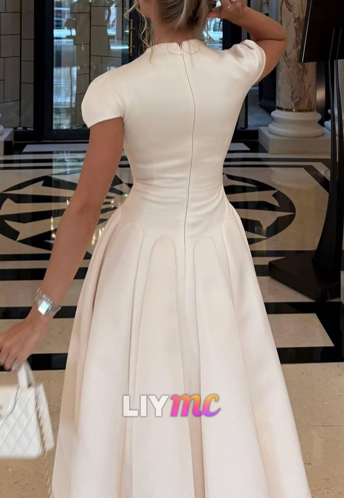 V-Neck Cap Sleeves Pleated Satin A-Line Formal Dress