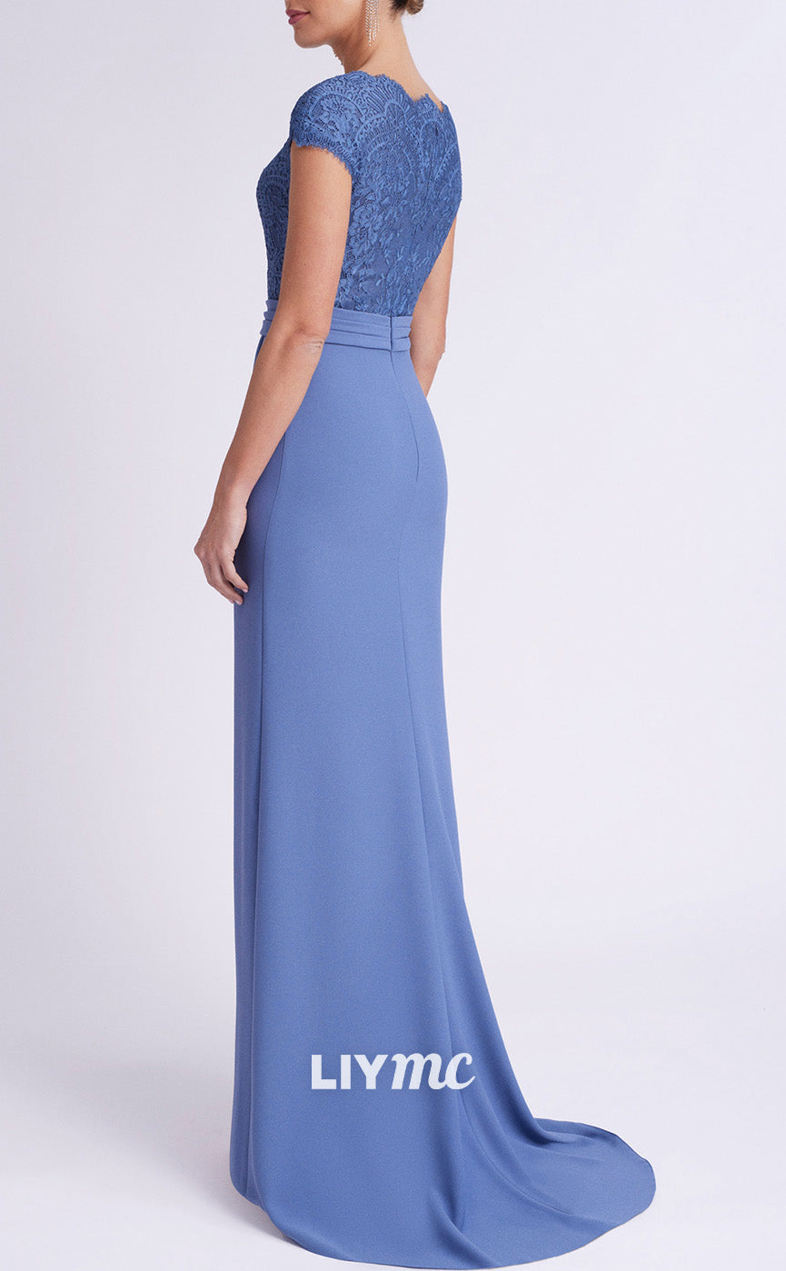 M1249 - V-Neck Cap Sleeves Ruched Appliques Mother of Bride Dress Cocktail Dress