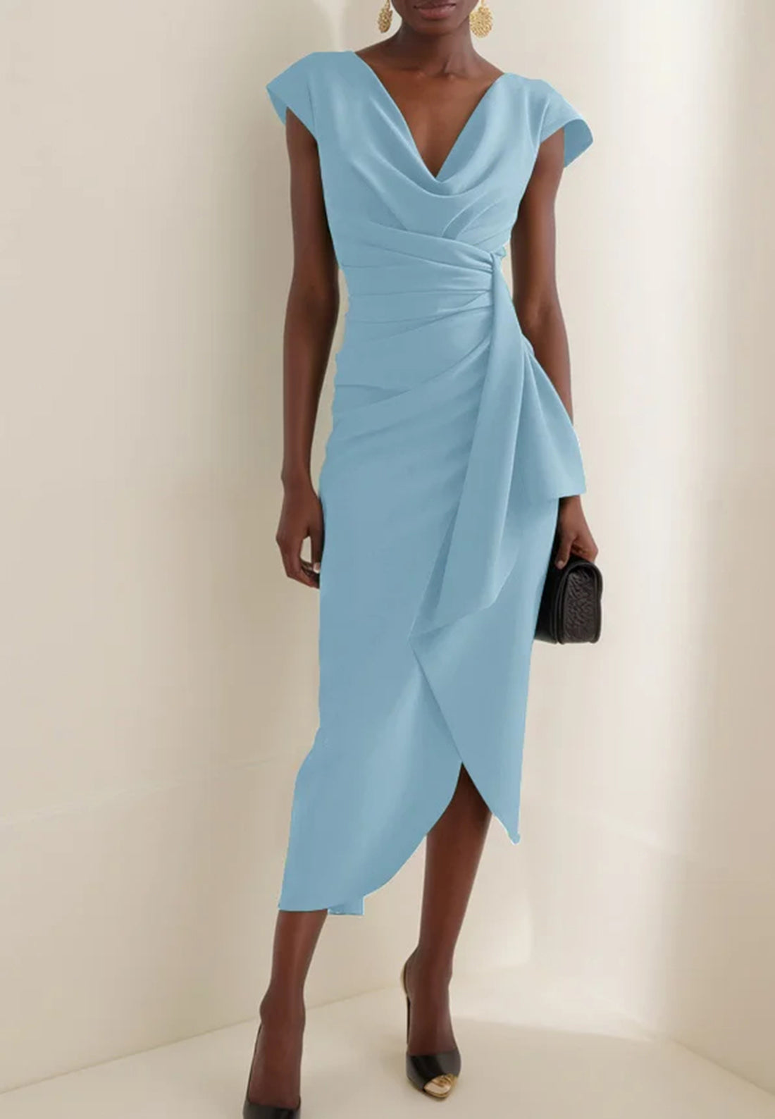 V-Neck Cap Sleeves Ruched Sheath Work Dress