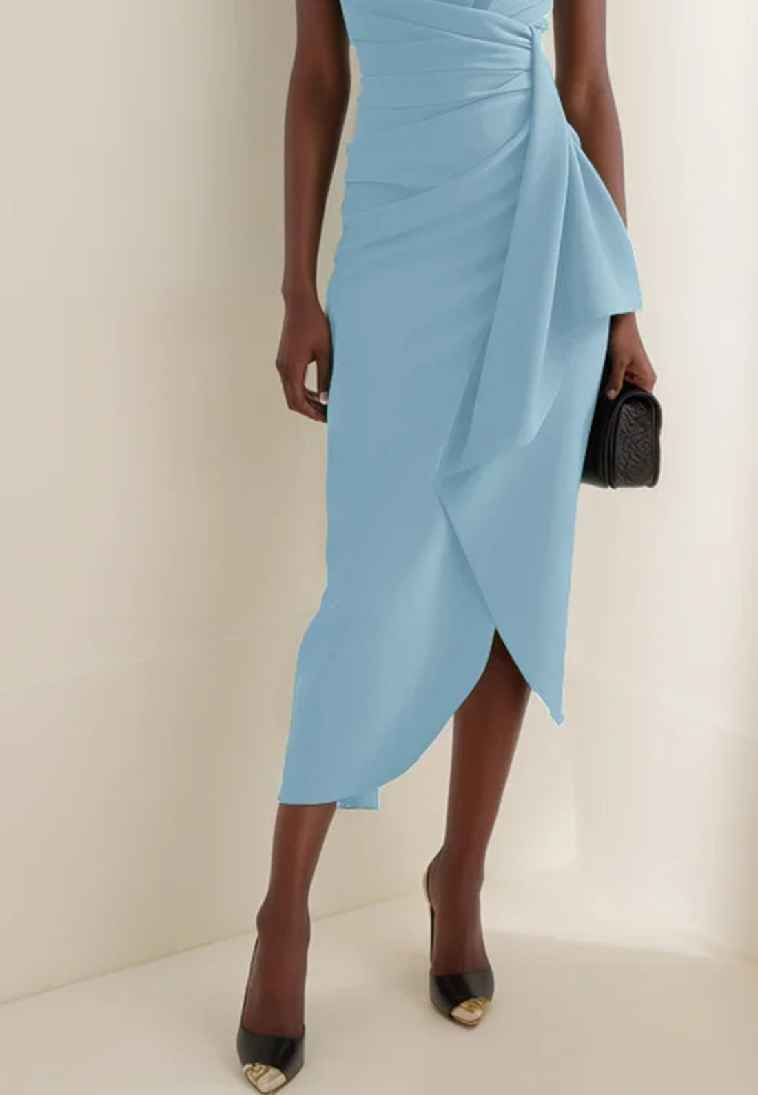 V-Neck Cap Sleeves Ruched Sheath Work Dress