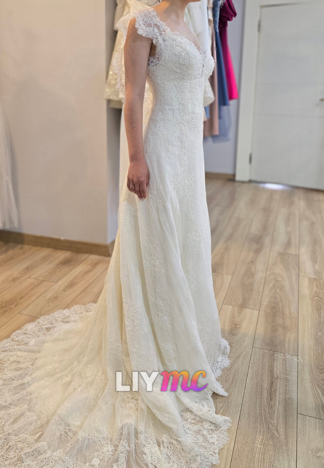 V-Neck Cap Sleeves Sequins Lace Appliques A-Line Wedding Dress