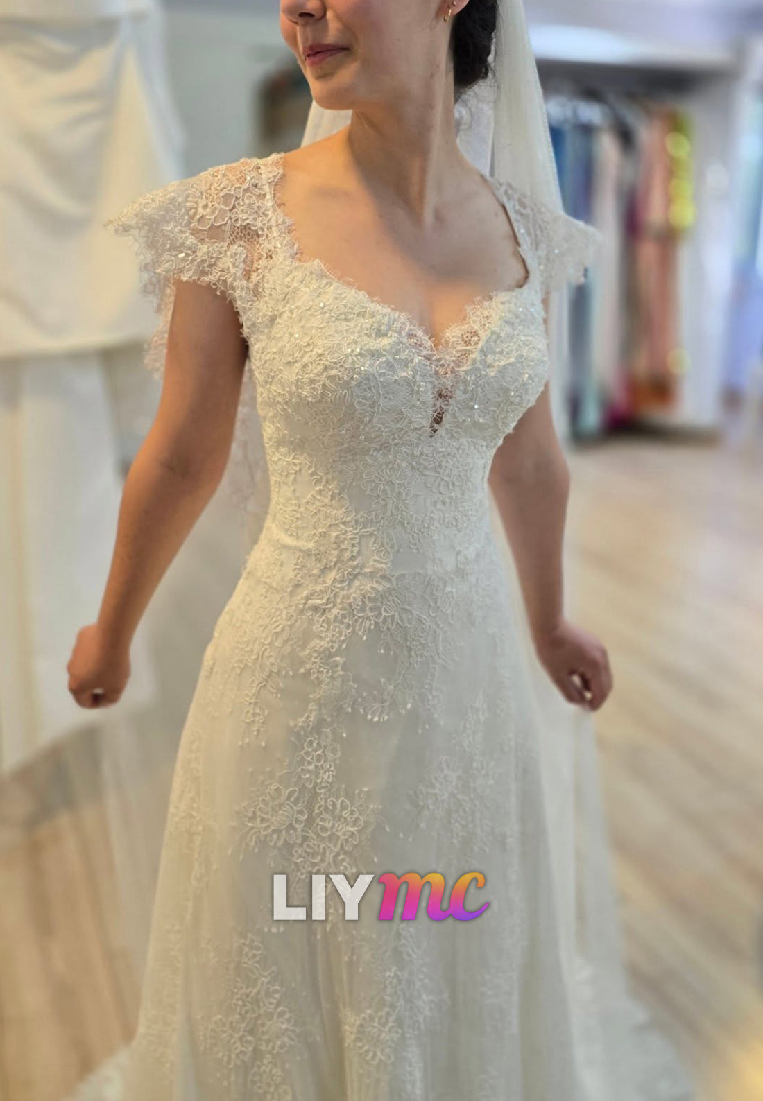 V-Neck Cap Sleeves Sequins Lace Appliques A-Line Wedding Dress