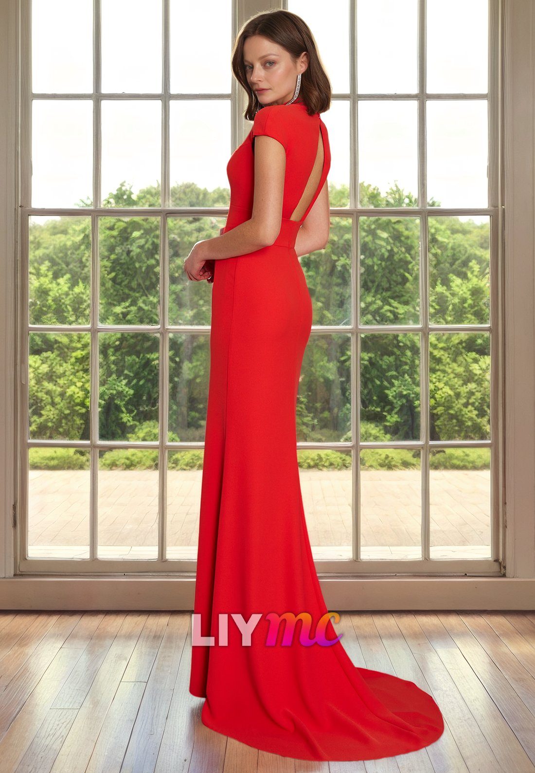 V-Neck Cap Sleeves Side Slit Long Mother of Bride Dress Cocktail Dress