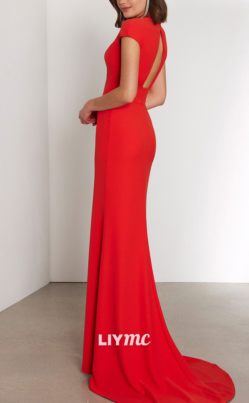 M1265 - V-Neck Cap Sleeves Sleek Satin Mother of Bride Dress Cocktail Dress