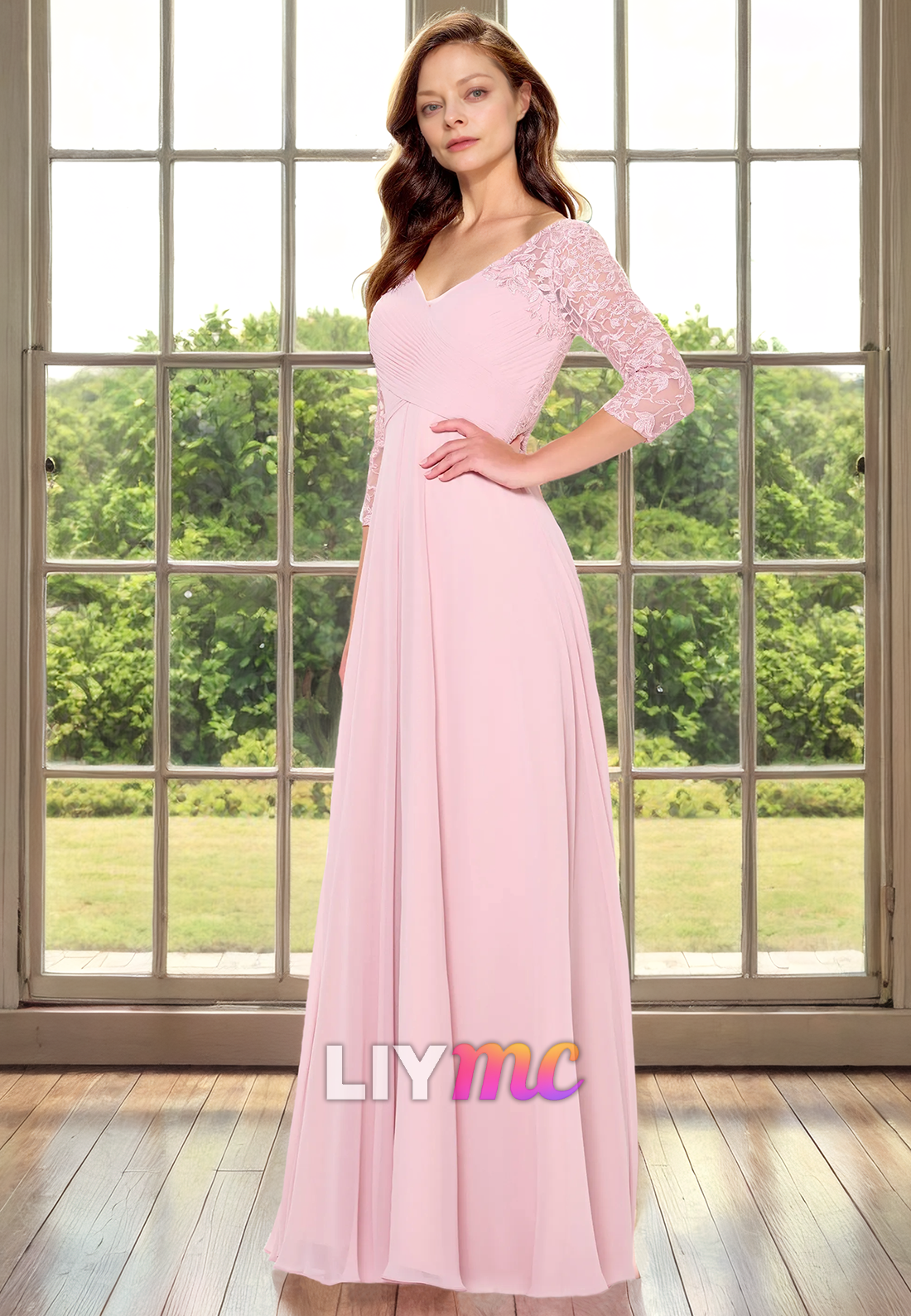 V-Neck Chiffon Appliques A-Line Mtoher of Bride Dress