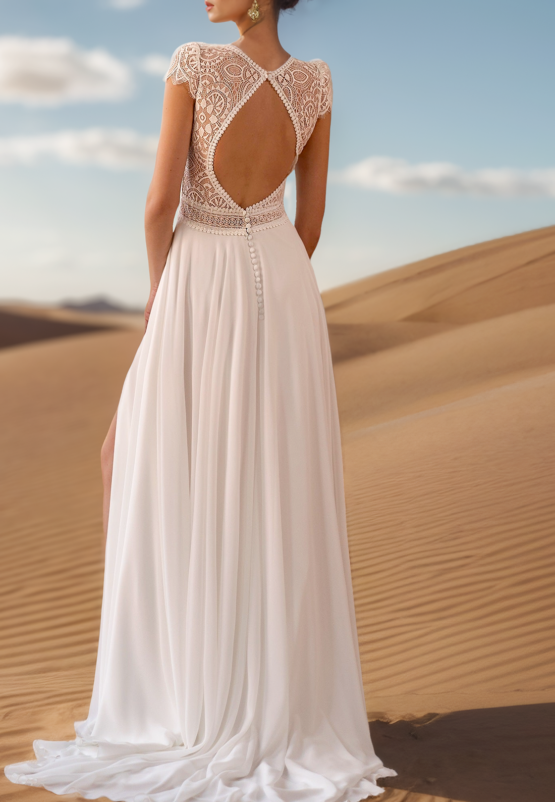 V-Neck Chiffon Cap Sleeves Side Slit Appliiques A-Line Beach Wedding Dress
