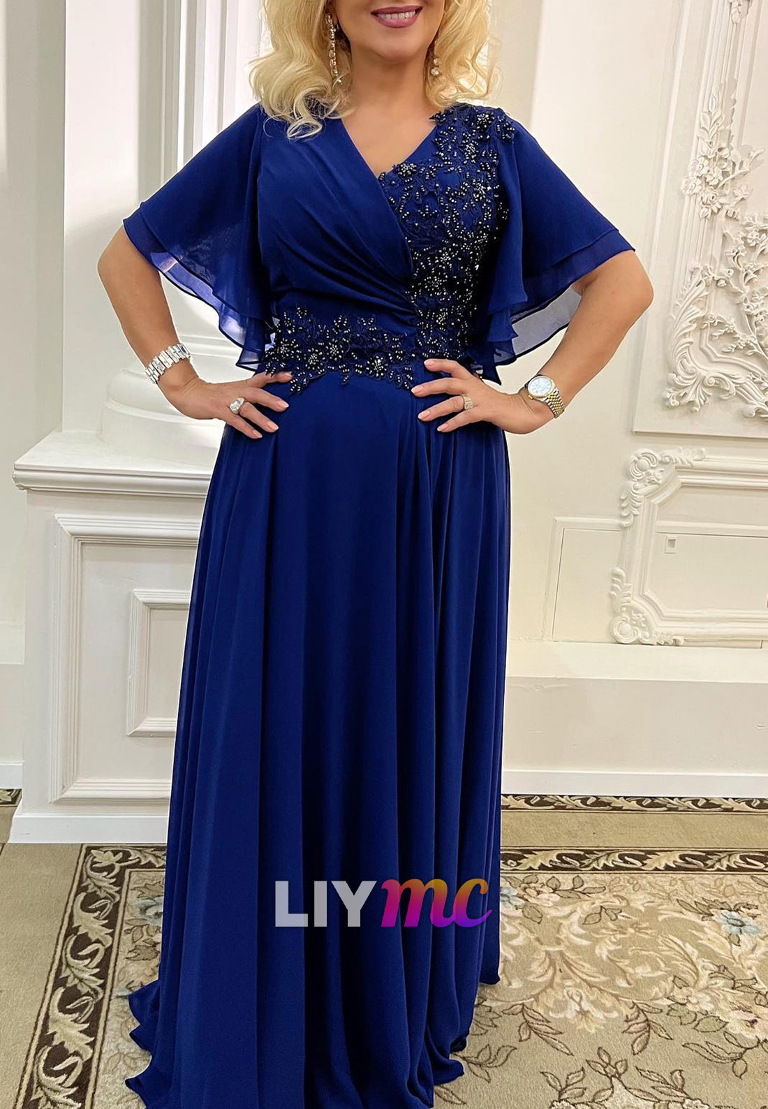 V-Neck Chiffon Short Sleeves Appliques A-Line Mother of Bride Dress