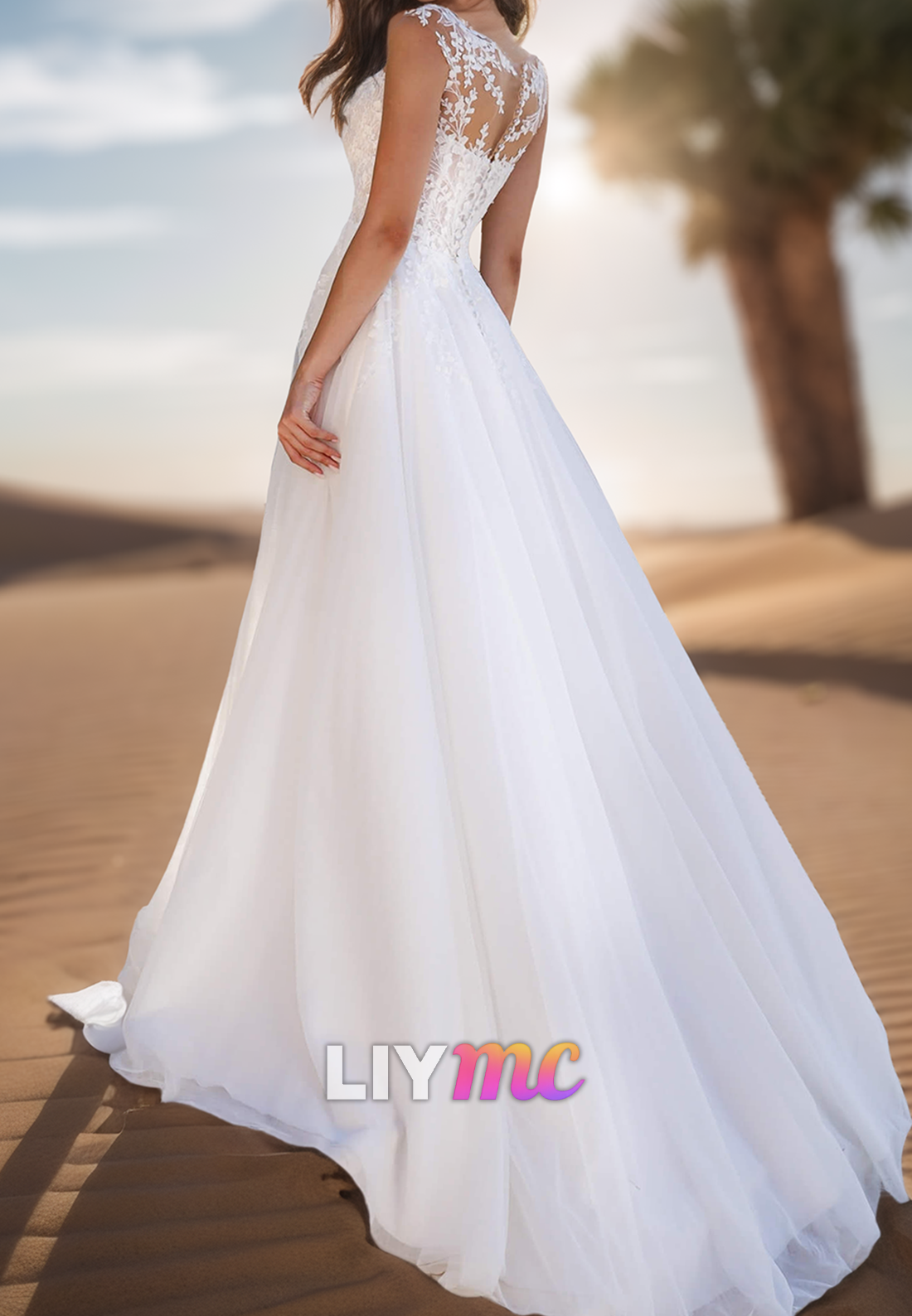 V-Neck Floral Appliques Tulle Side Slit A-Line Wedding Dress