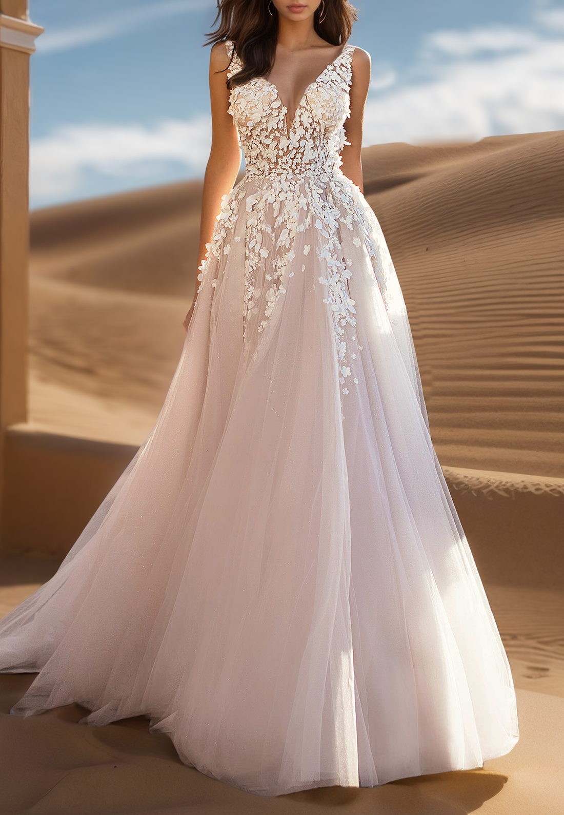 V-Neck Floral Appliques Straps Tulle A-Line Wedding Dress