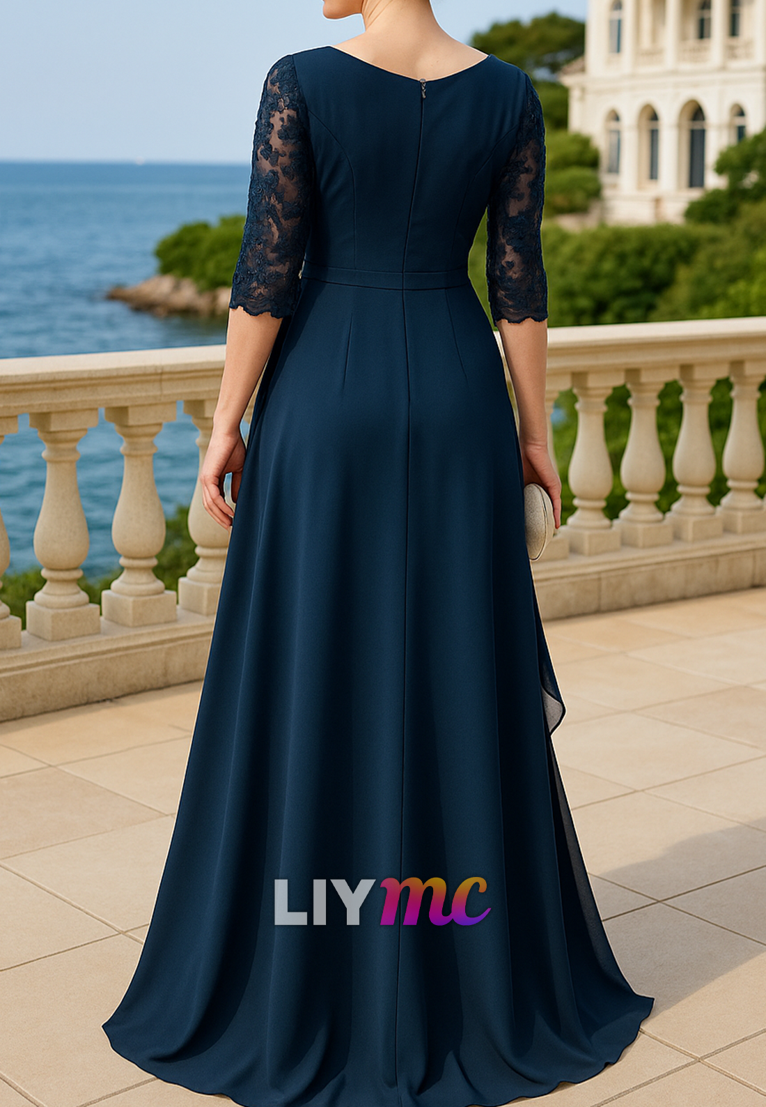 V-Neck Half Sleeves Appliques A-Line Mother of Bride  Dress