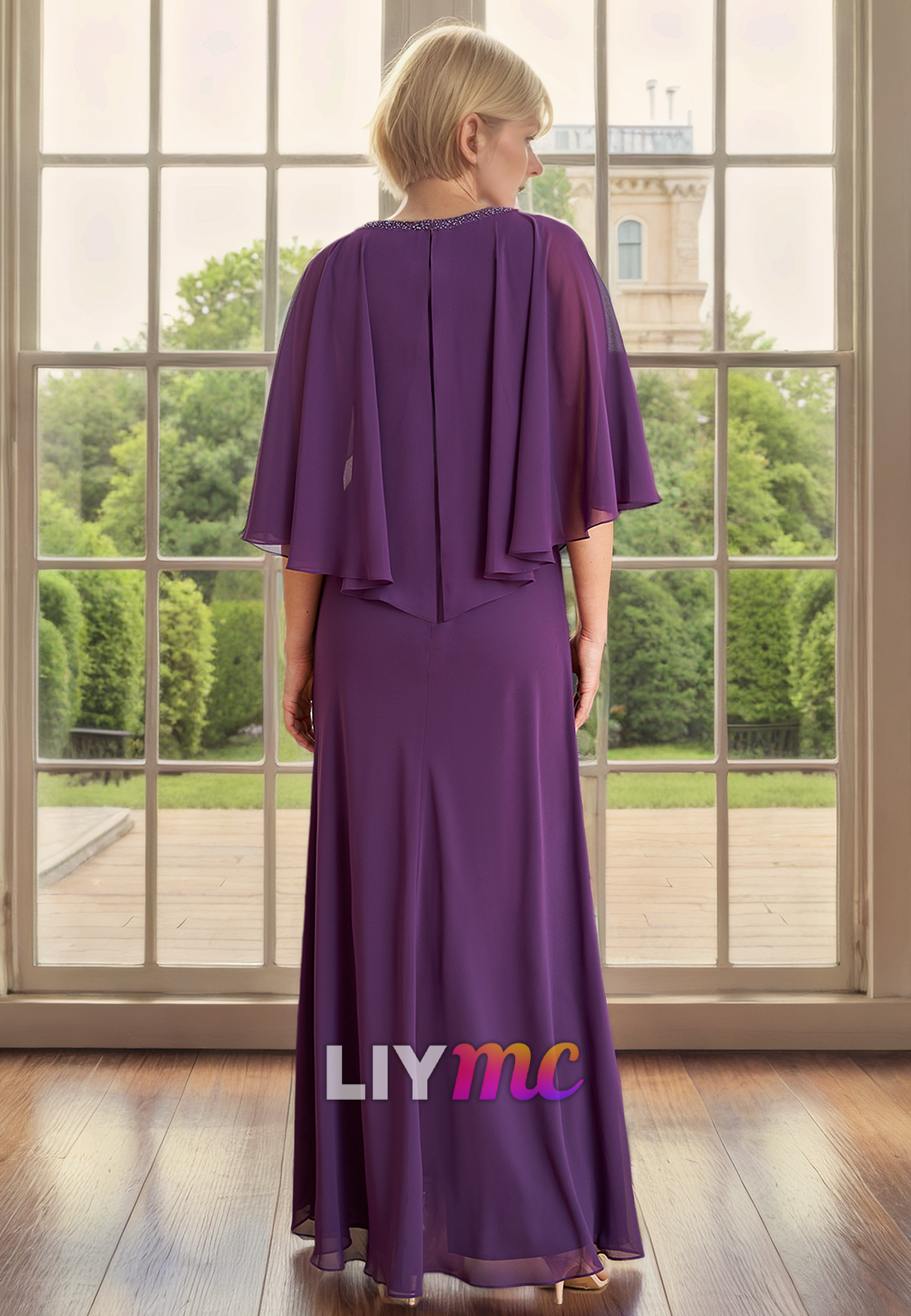 V-Neck Half Sleeves Chiffon Sheath Mother of Bride Dress Cocktail Dress