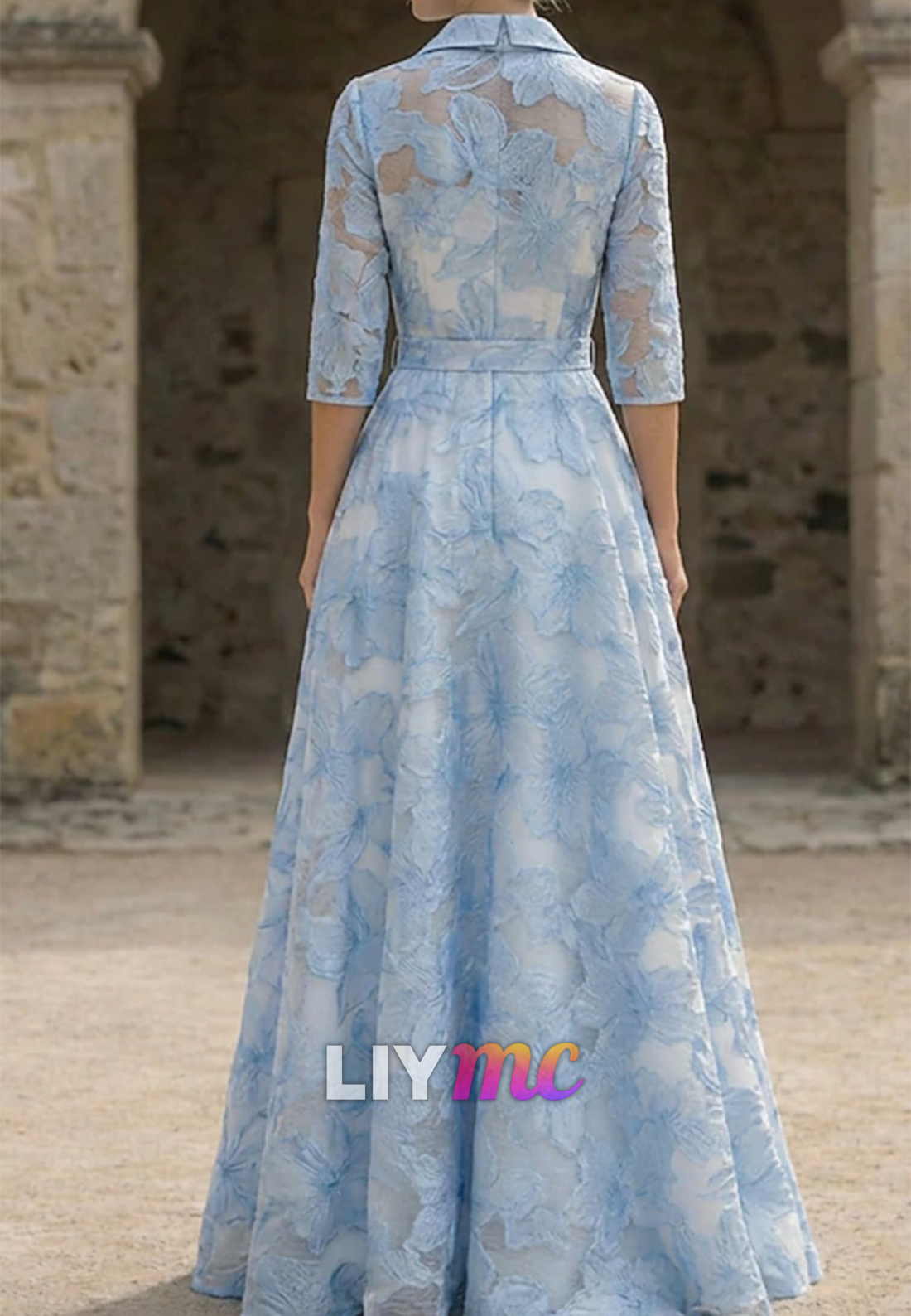V-Neck Half Sleeves Floral Printed A-Line Mother of Bride Dress