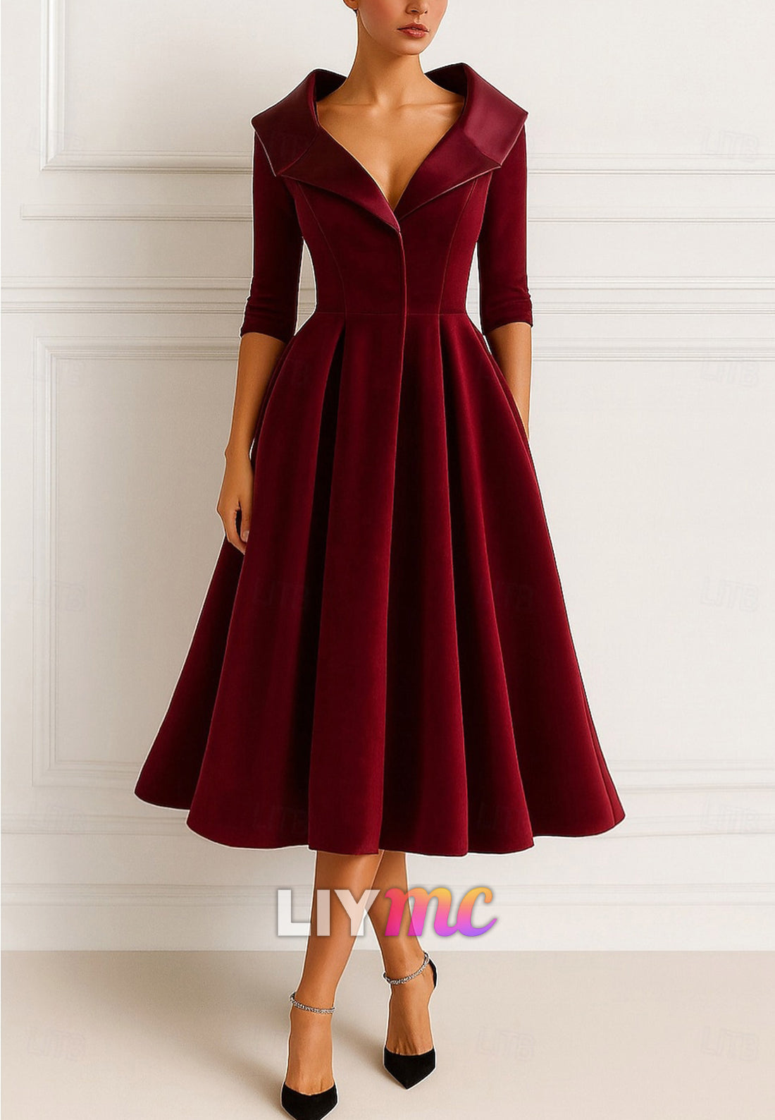 V-Neck Half Sleeves Pleated A-Line Midi Cocktail Mother of Bride Dress