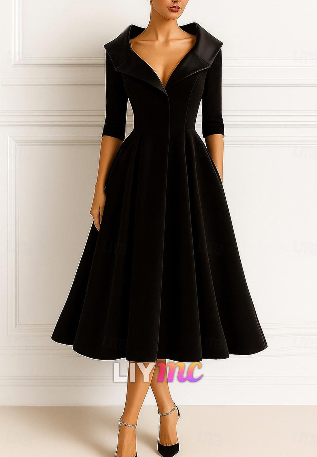 V-Neck Half Sleeves Pleated A-Line Midi Cocktail Mother of Bride Dress