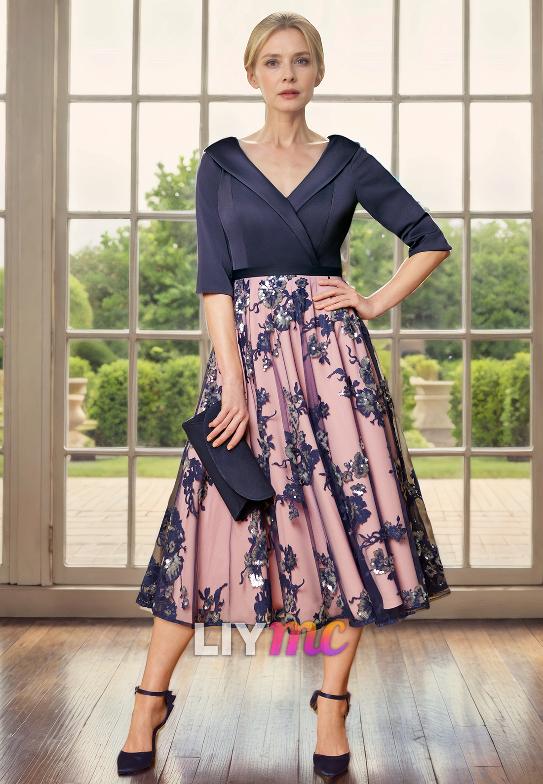 V-Neck Half Sleeves Pleated Floral A-Line Mother of Bride Dress Cocktail Dress