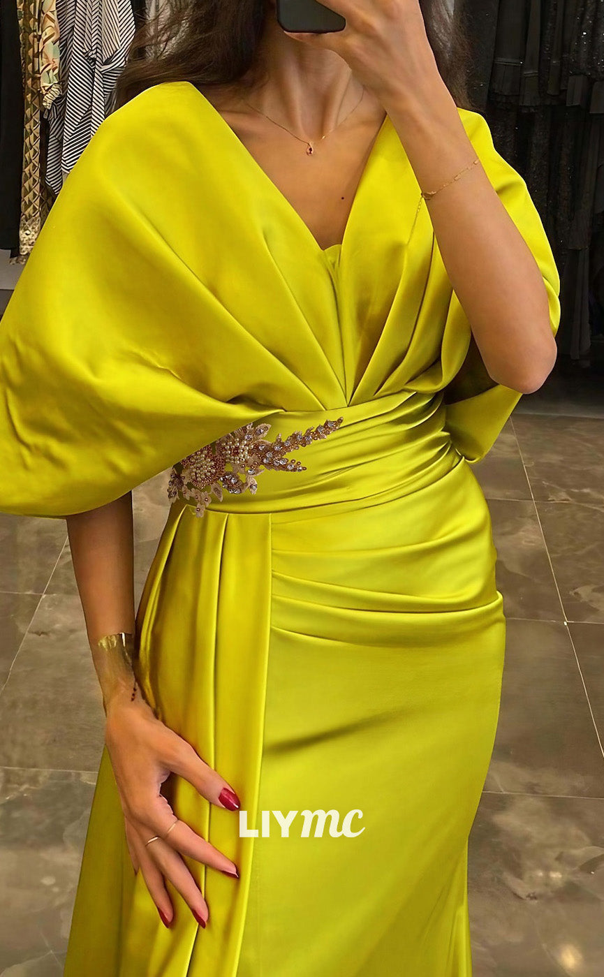 M1278 - V-Neck Half Sleeves Pleated Sheath Mother of Bride Dress Cocktail Dress