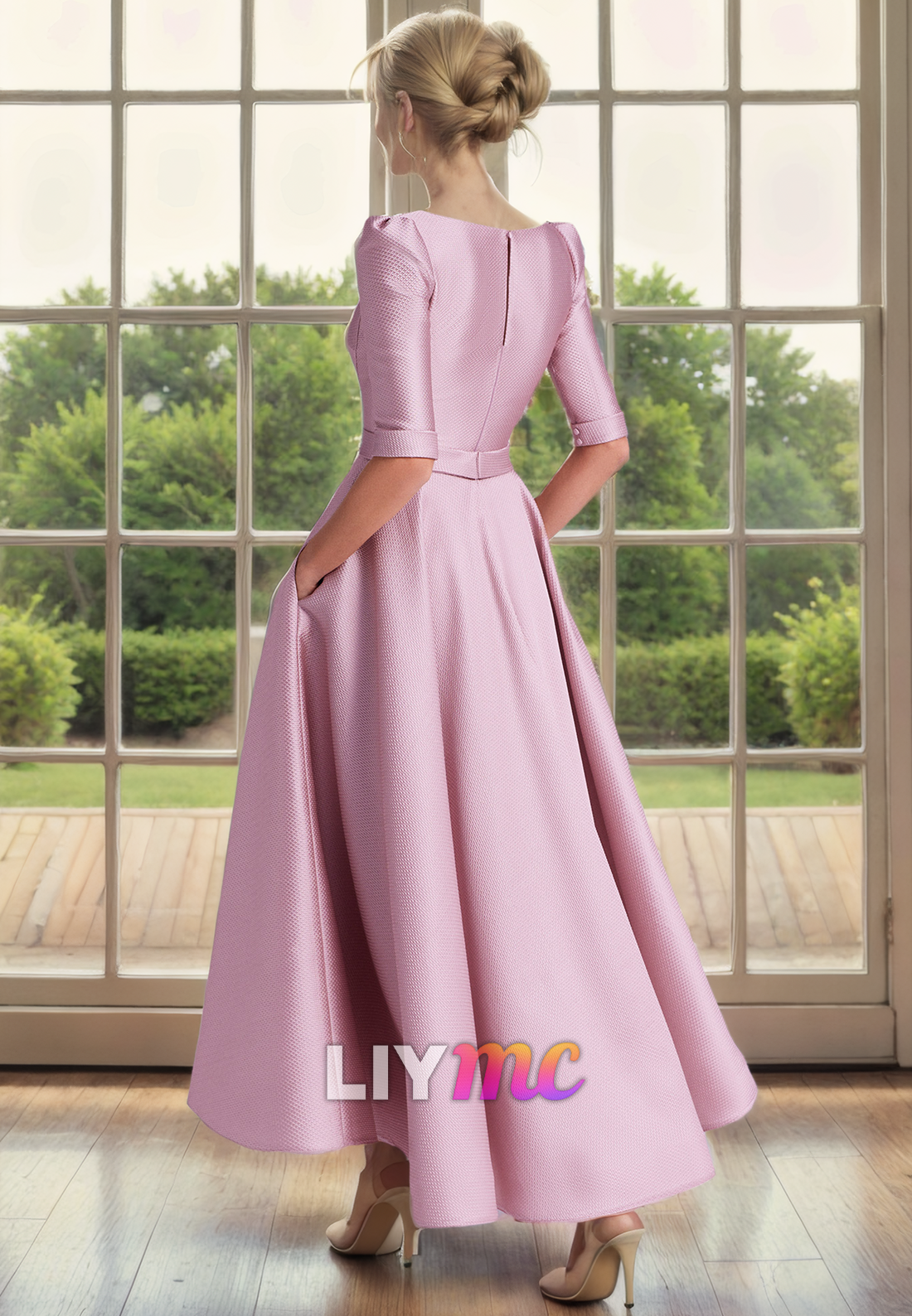 M1246 - V-Neck Long Sleeves Pleated A-Line Mother of Bride Dress Cocktail Dress