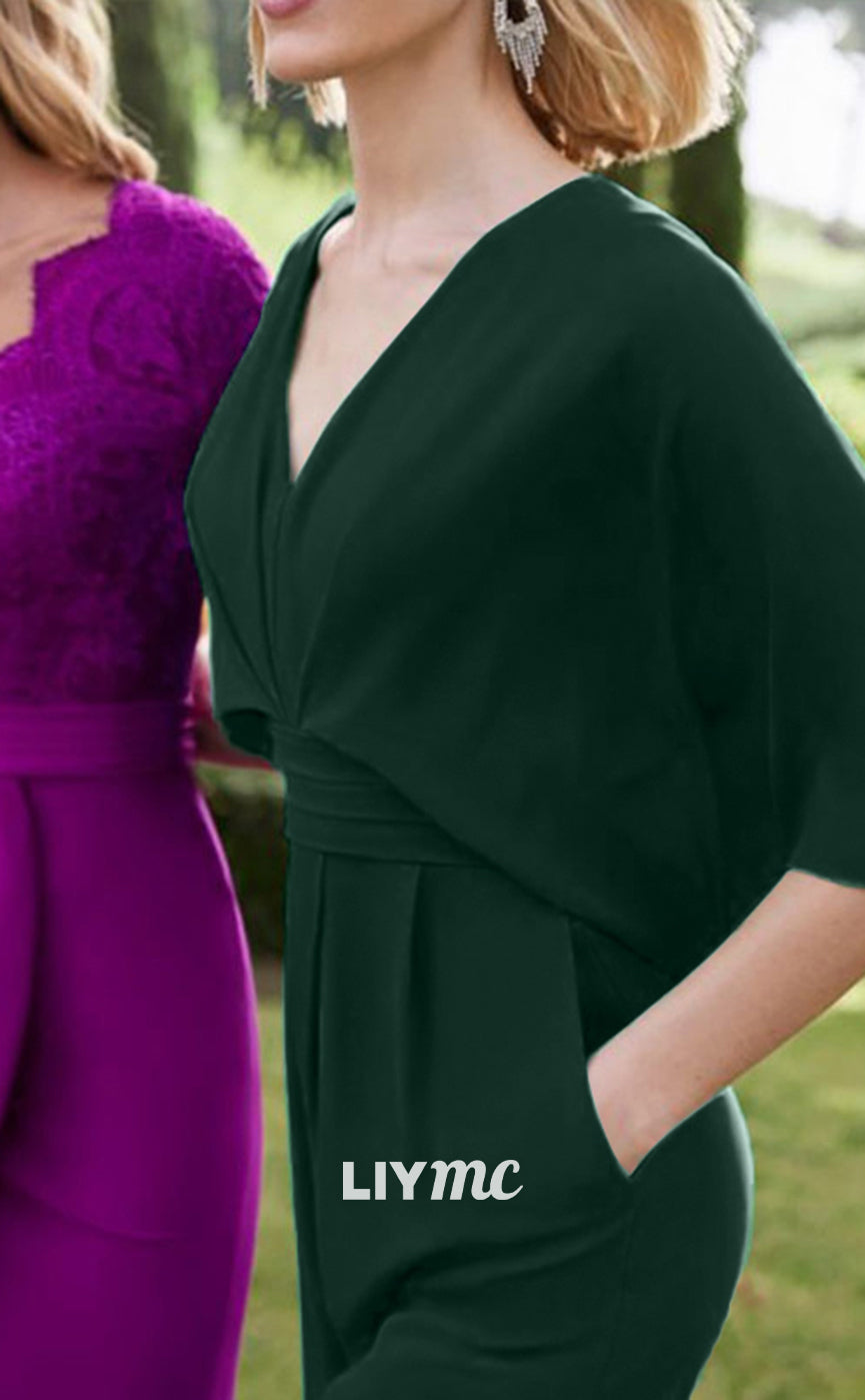 M1110 - V-Neck Half Sleeves Sleek Chiffon Jumpsuit Mother of Bride