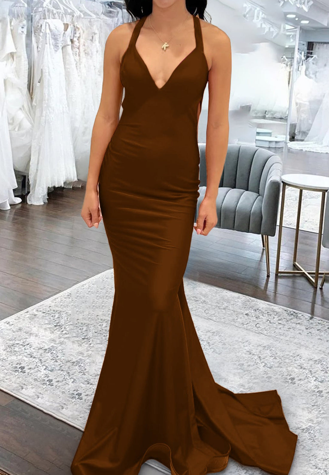 V-Neck Halter Sleek Sleeveless Formal Dress Mermaid Prom Dress