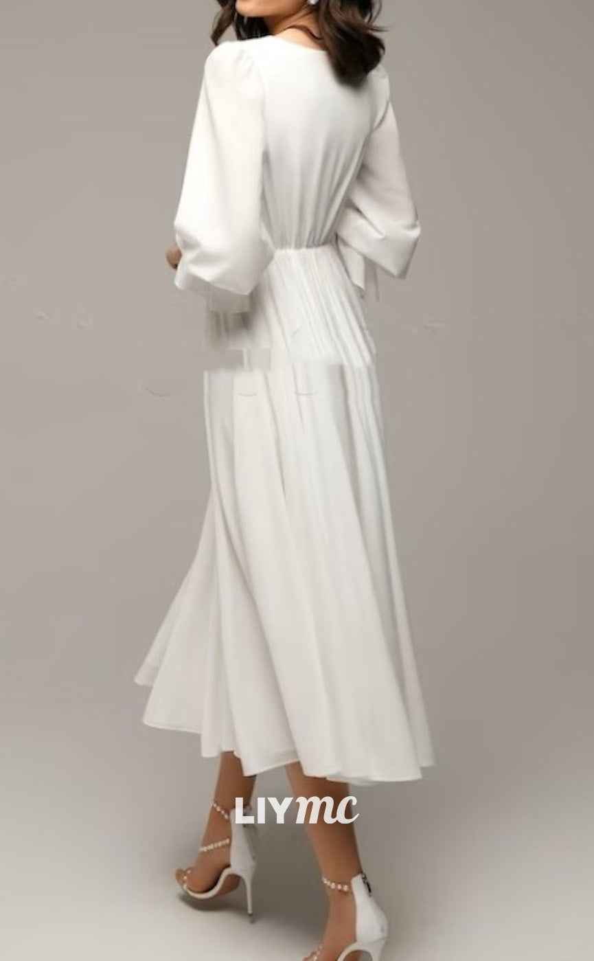 LW691 - V-Neck LOng Sleeves Knee-Length Sleek Satin Beach Wedding Dress
