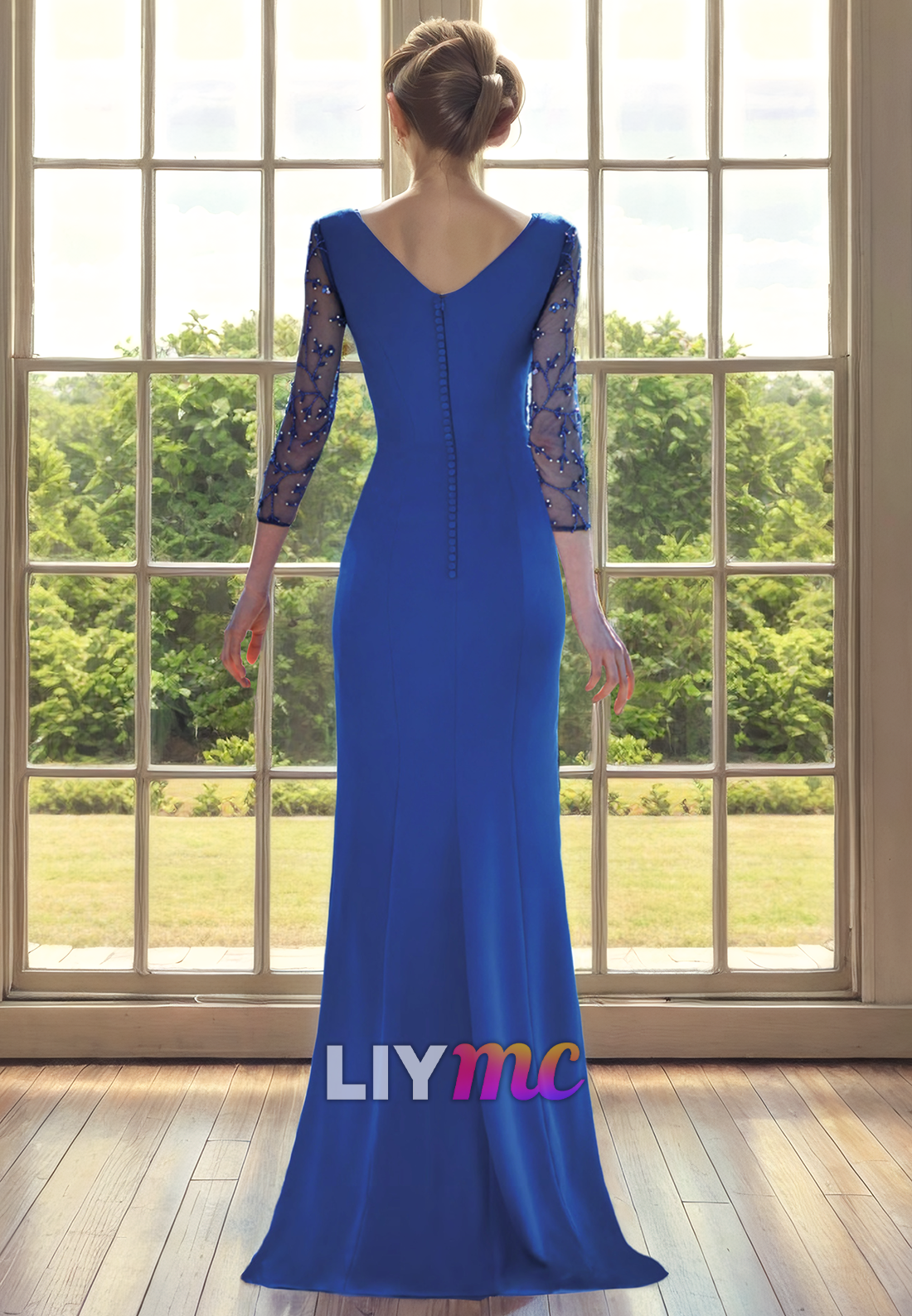 V-Nack Long Sleeves Appliques Ruched Sheath Mother of Bride Dress Cocktail Dress