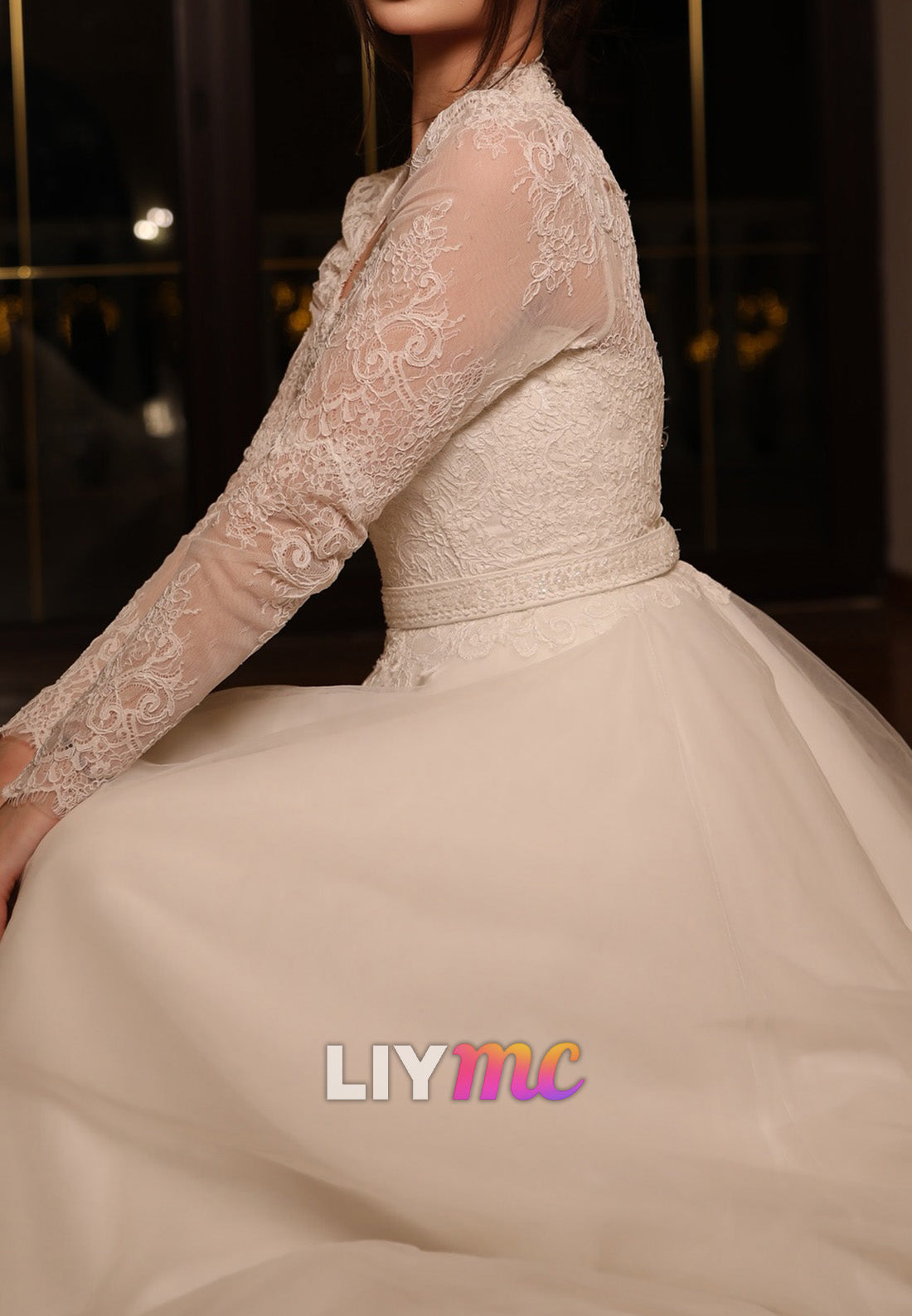 V-Neck Long Sleeeves Tulle Lace Appliques Ball Gown Wedding Dress