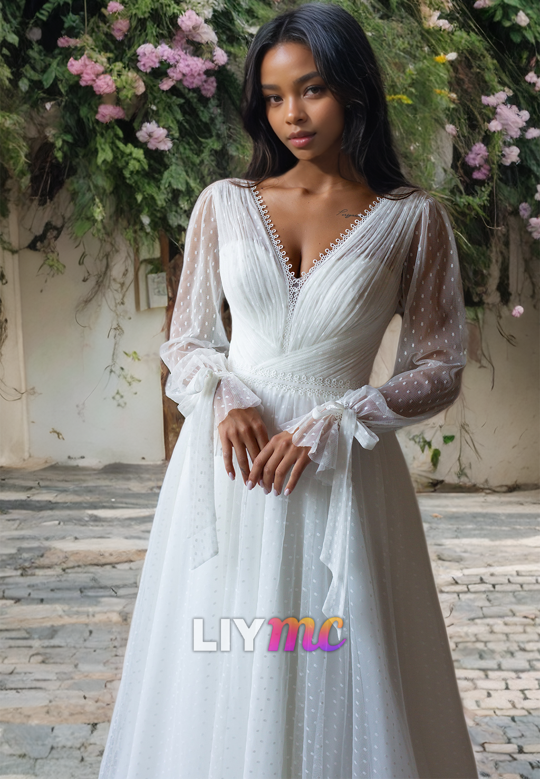 V-Neck Long Sleeves A-Line Pleated Wedding Dress